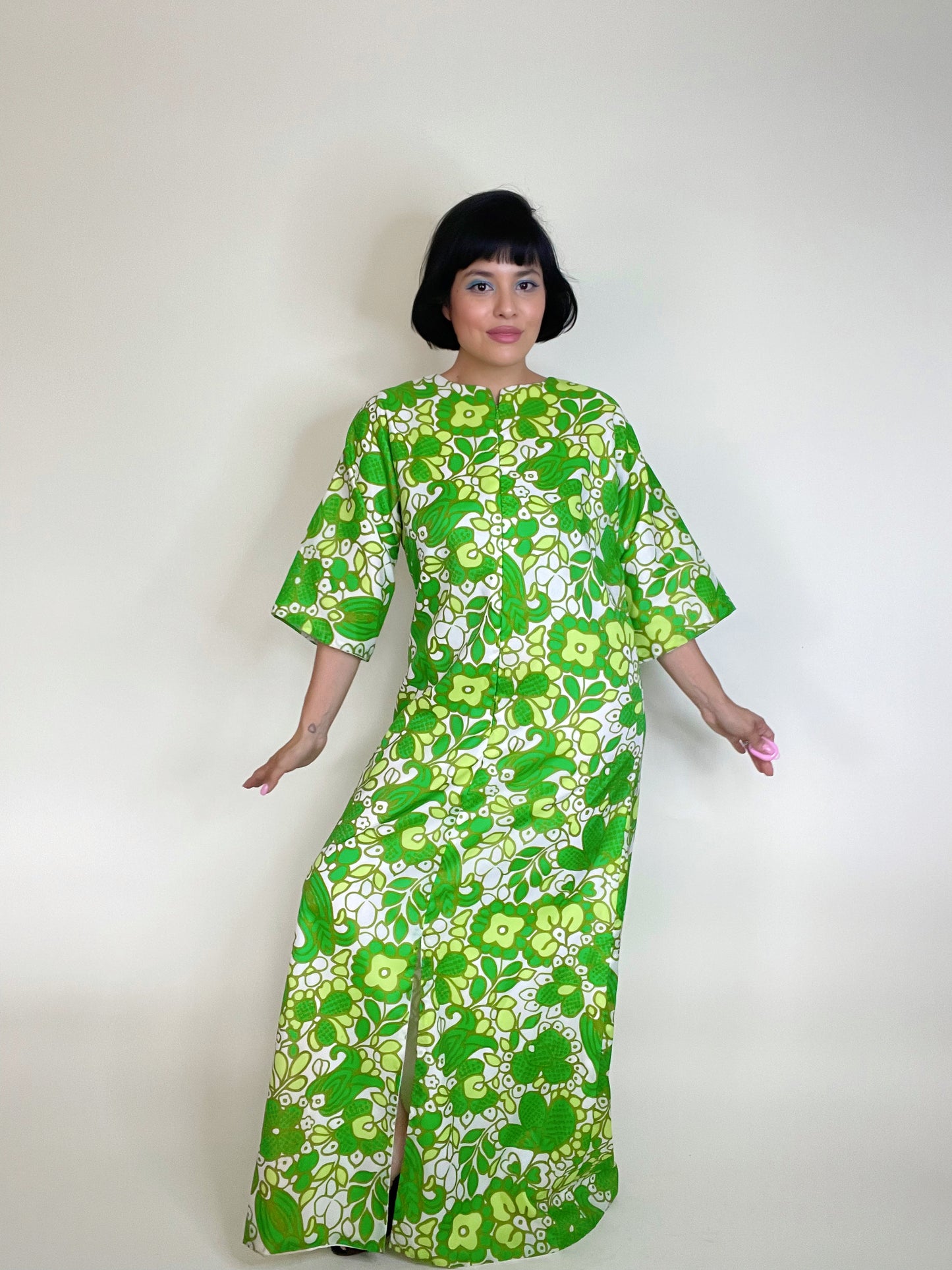 Vintage 60s Neon Green Floral Print Zip Up Front and Back Slit Dress Fits Sizes XS-M