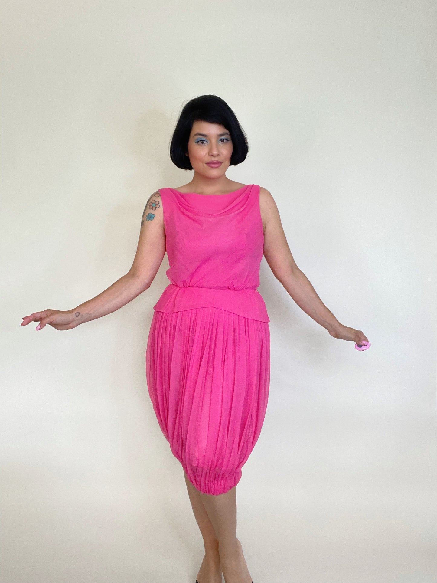 Vintage 60s Flamingo Pink Chiffon Dress with Bubble Hemline and Pleated Skirt Fits Sizes XS-S