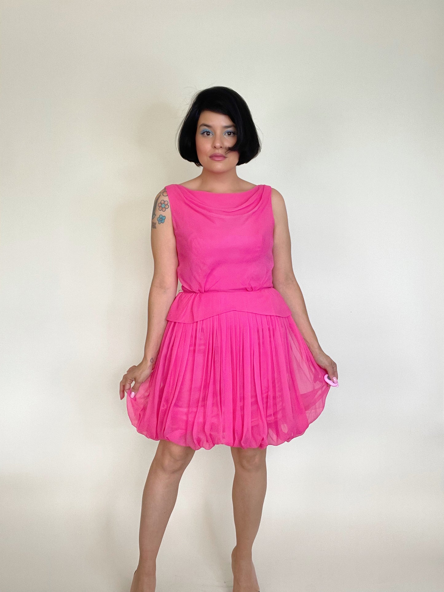 Vintage 60s Flamingo Pink Chiffon Dress with Bubble Hemline and Pleated Skirt Fits Sizes XS-S