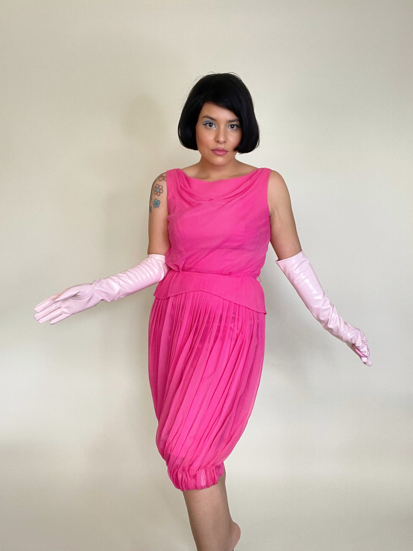 Vintage 60s Flamingo Pink Chiffon Dress with Bubble Hemline and Pleated Skirt Fits Sizes XS-S