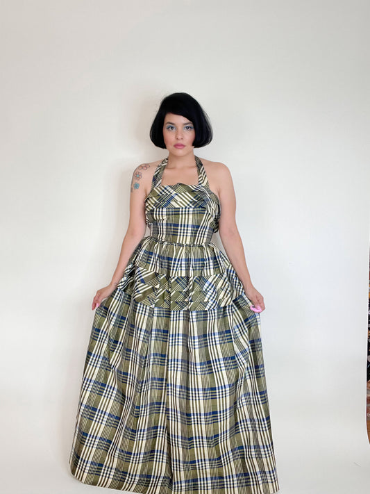 Vintage 40s Plaid Silk Taffeta Matching Bolero Halter Maxi Dress Fits Sizes XXS-XS