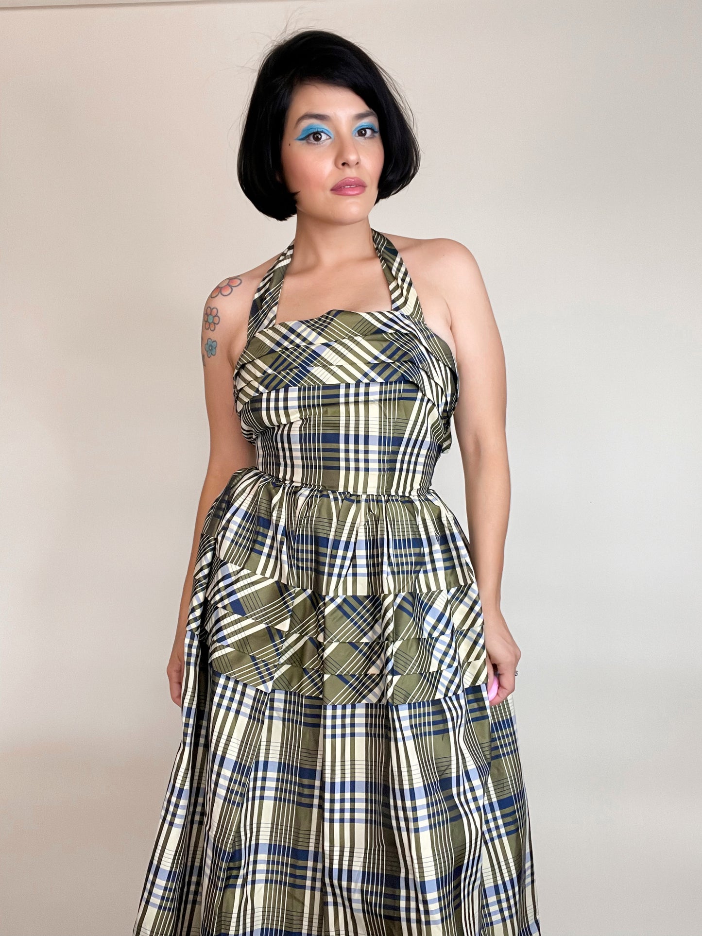 Vintage 40s Plaid Silk Taffeta Matching Bolero Halter Maxi Dress Fits Sizes XXS-XS
