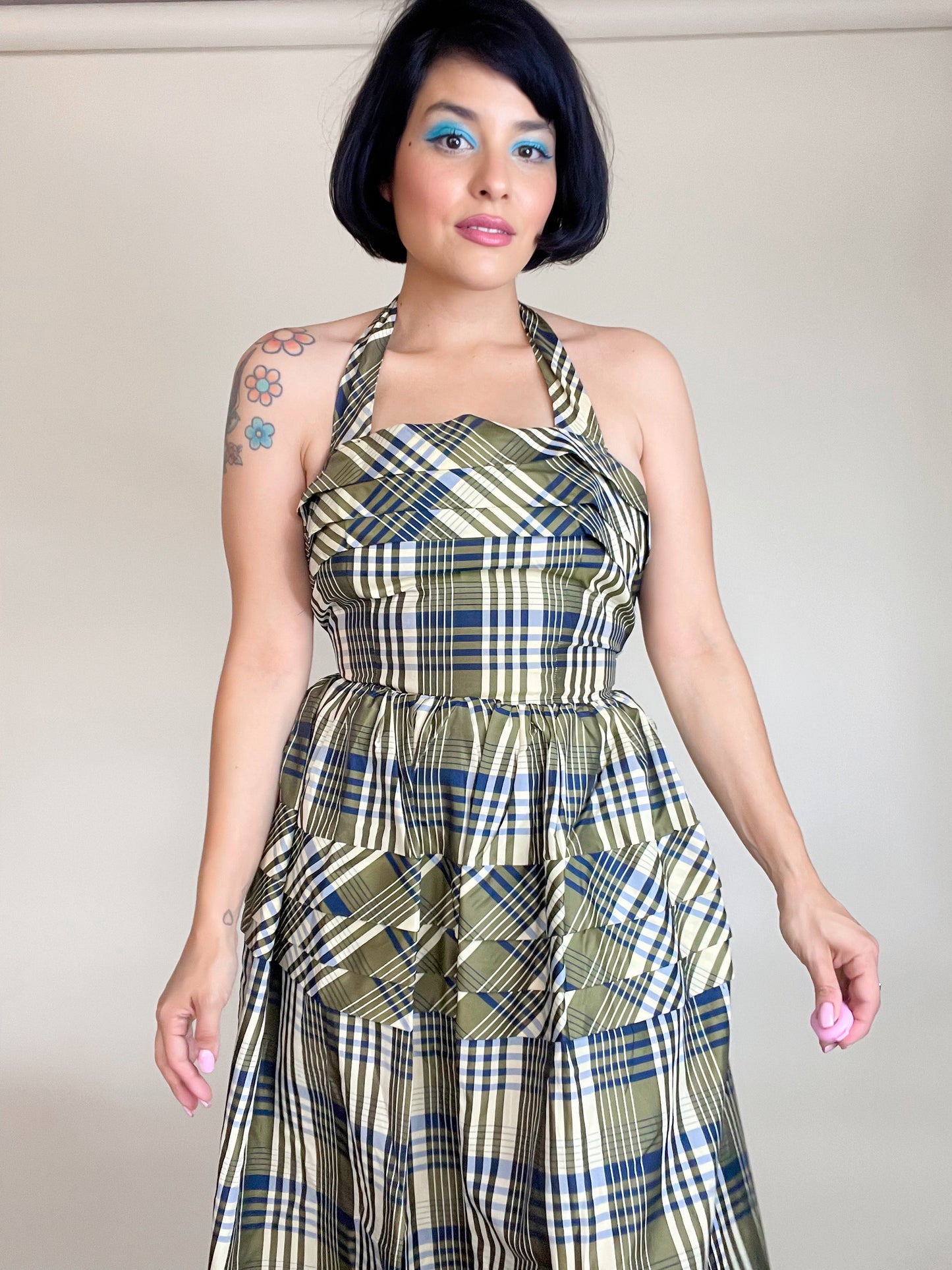 Vintage 40s Plaid Silk Taffeta Matching Bolero Halter Maxi Dress Fits Sizes XXS-XS
