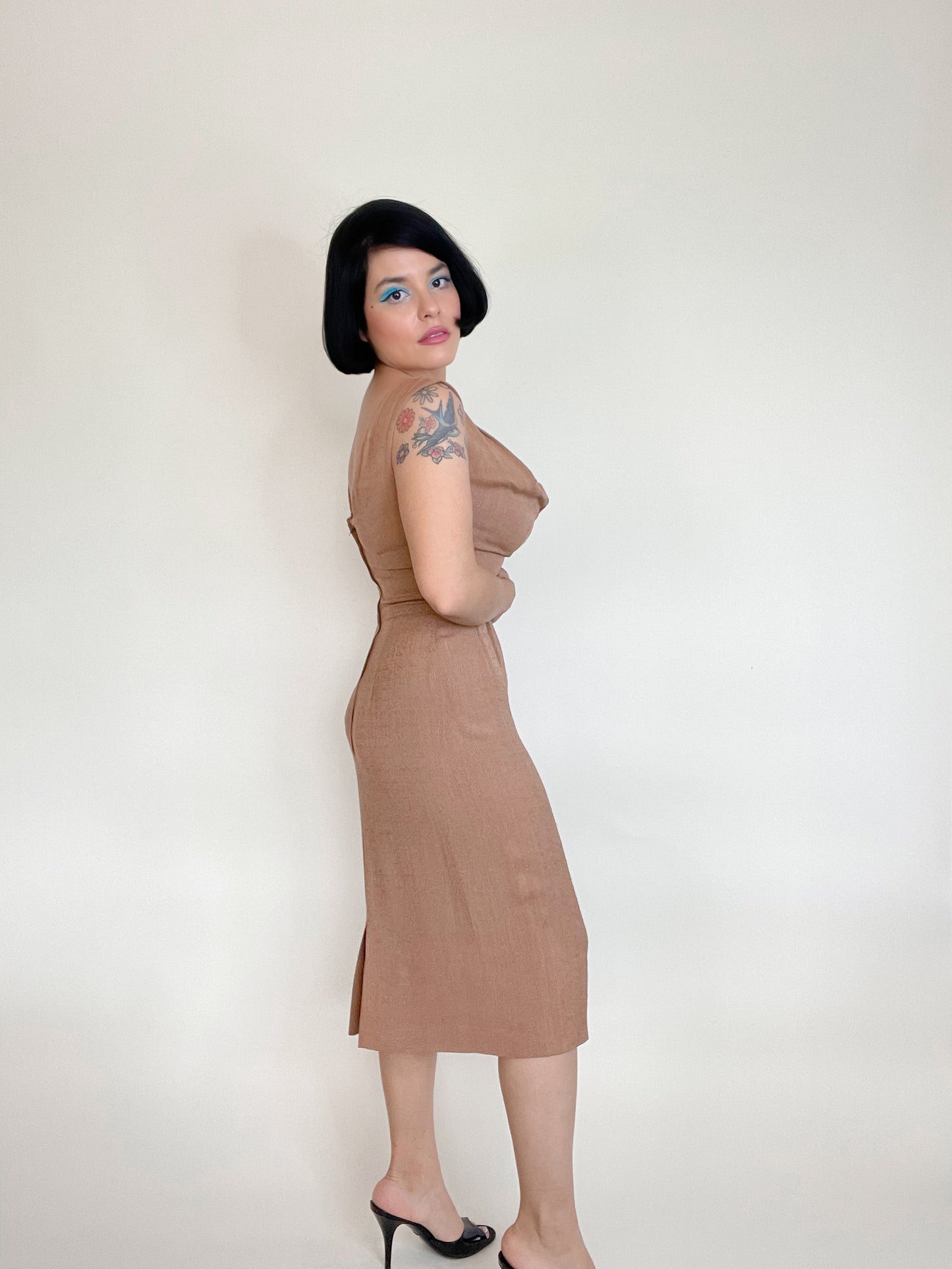 Vintage 50s 60s "Alex Colman California" Brown Cashmere Knit Cardigan with Matching Cotton Linen Wiggle Style Dress Fits Sizes XXS-S