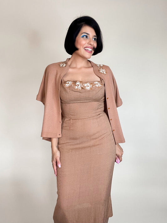 Vintage 50s 60s "Alex Colman California" Brown Cashmere Knit Cardigan with Matching Cotton Linen Wiggle Style Dress Fits Sizes XXS-S