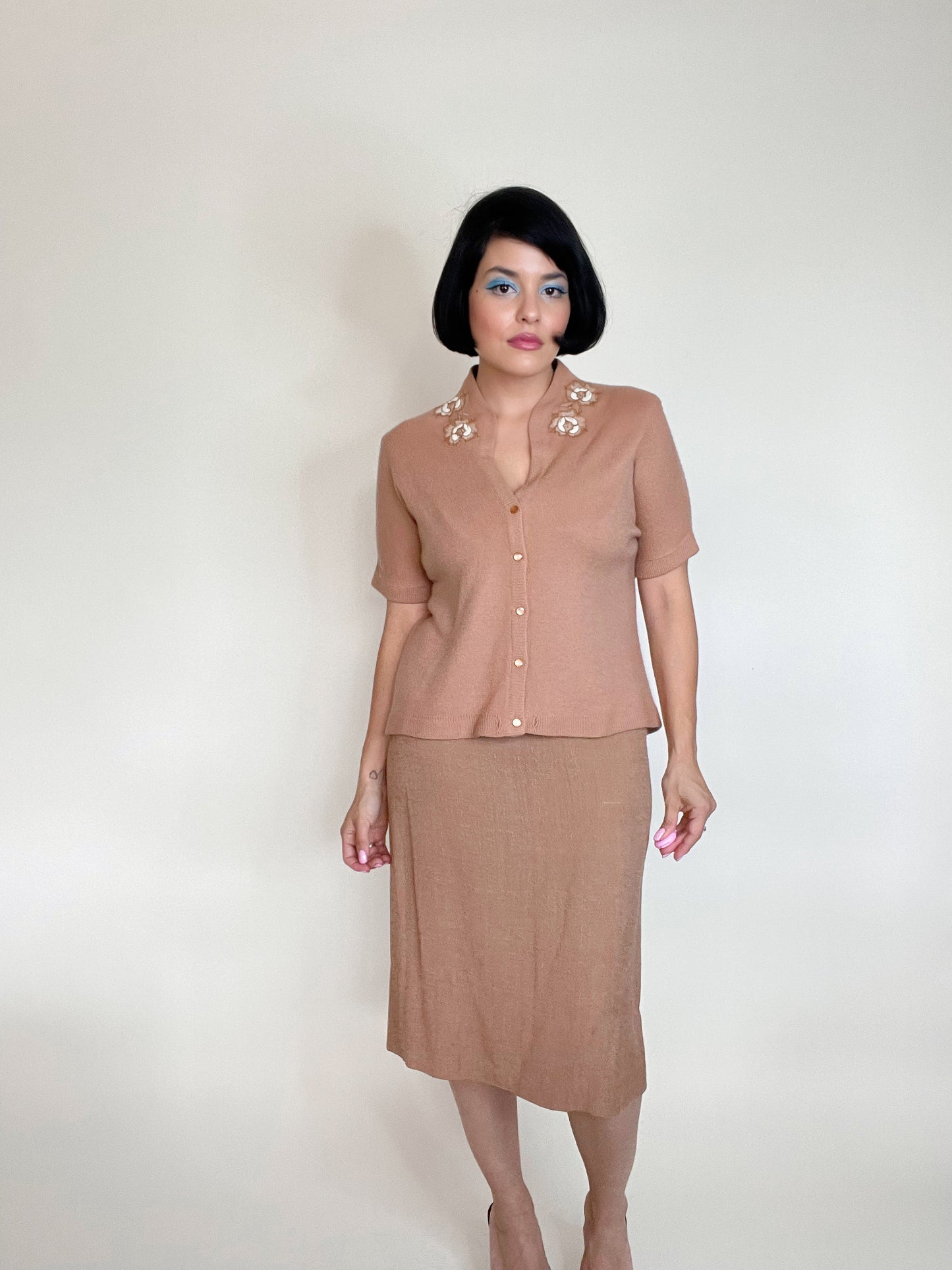 Vintage 50s 60s "Alex Colman California" Brown Cashmere Knit Cardigan with Matching Cotton Linen Wiggle Style Dress Fits Sizes XXS-S