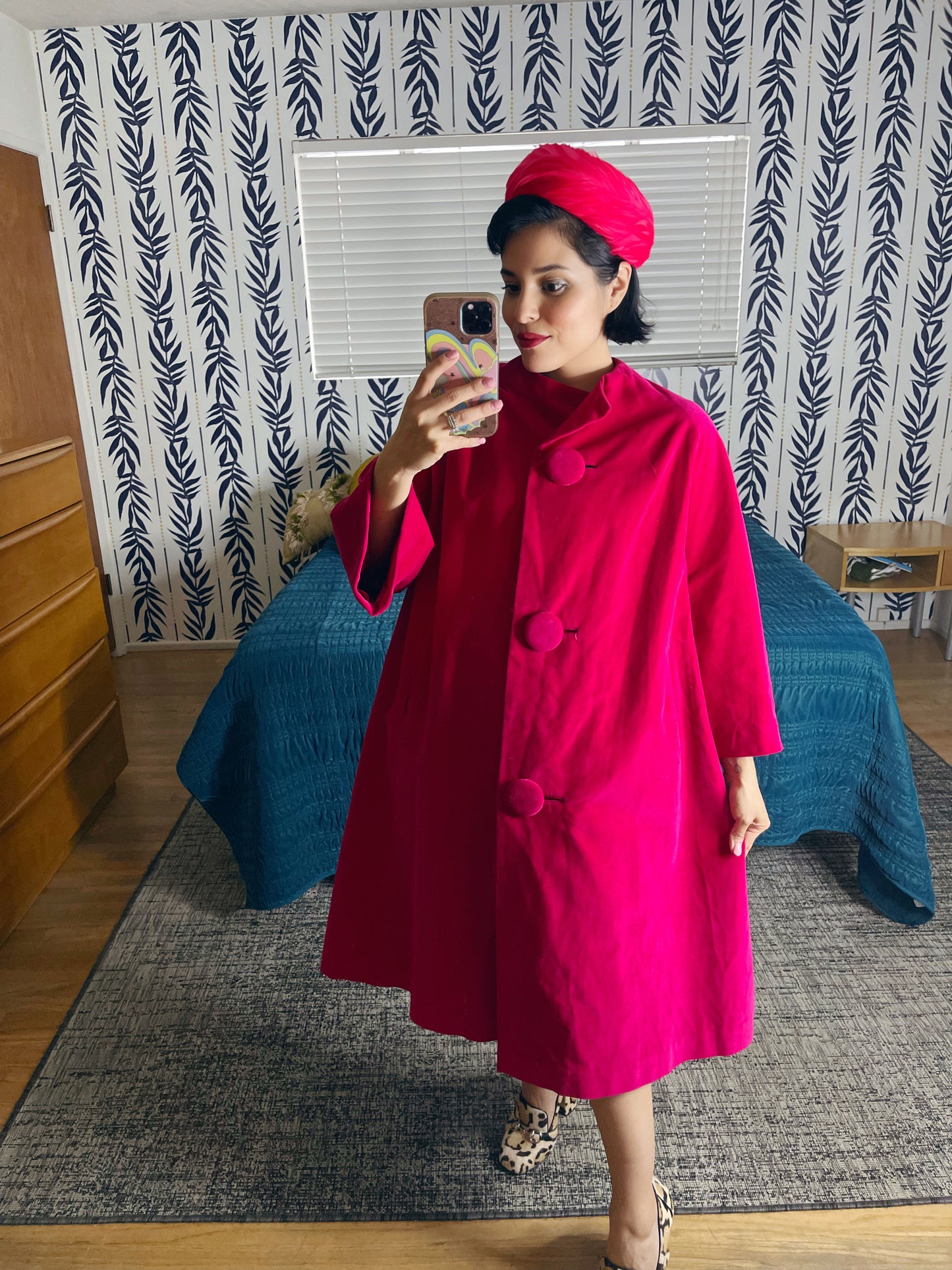 Vintage 50s/60s Hot Pink Velvet Marguerite Rubel San Francisco Swing Coat fits sizes XS-L. Made by Marguerite Rubel San Francisco
