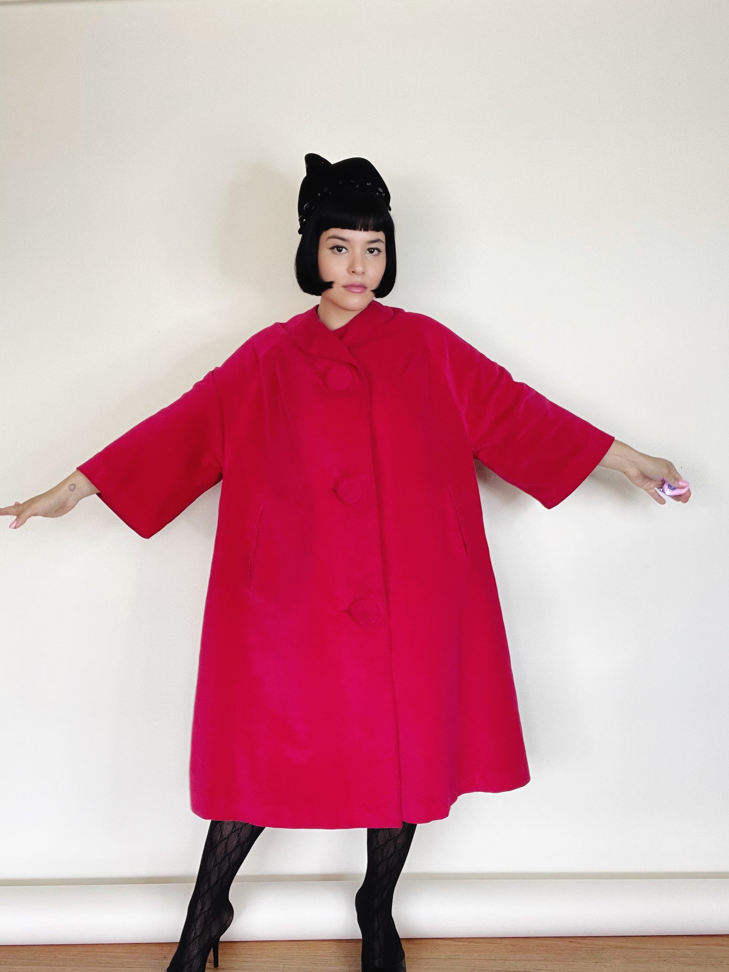 Vintage 50s/60s Hot Pink Velvet Marguerite Rubel San Francisco Swing Coat fits sizes XS-L. Made by Marguerite Rubel San Francisco