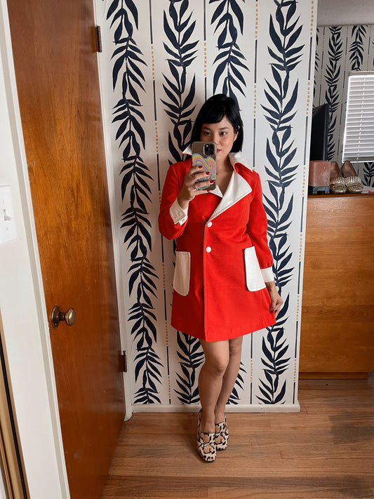 Vintage 60s Red Mod Coat with White Vegan Leather Trim Fits XS-M