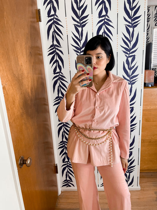 Vintage 60s 70s Ultra Suede Powder Pink High Waisted Pants with Blazer Jacket. Matching Set Best Fits Sizes S