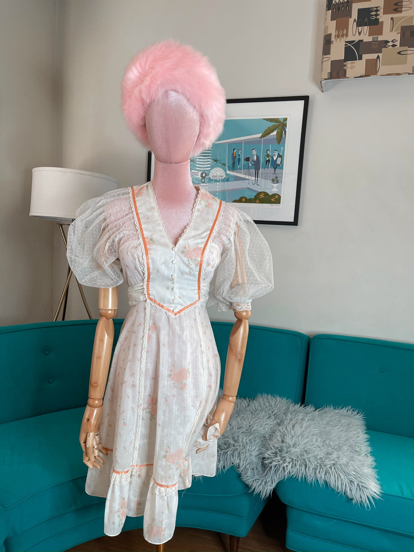 Vintage 70s "Jody of California" Peachy Rose Floral Balloon Tulle Sleeves Cotton Dress Best Fits Sizes XS-S