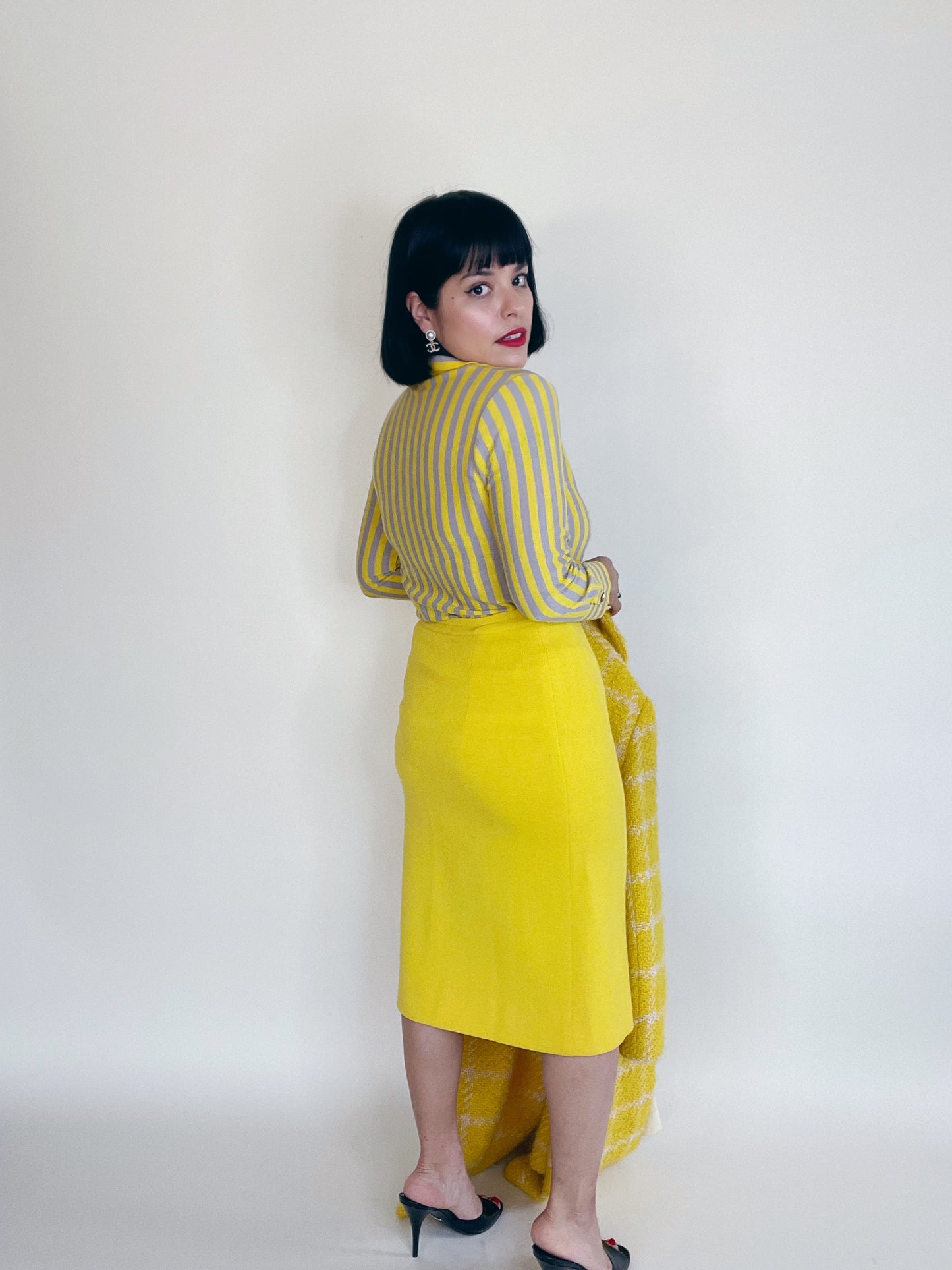 Vintage 60s 70s "Sebastian Made in Italy" Italian Knit Yellow Grey Striped Wool Pencil Skirt Set Best Fits Sizes XS-S