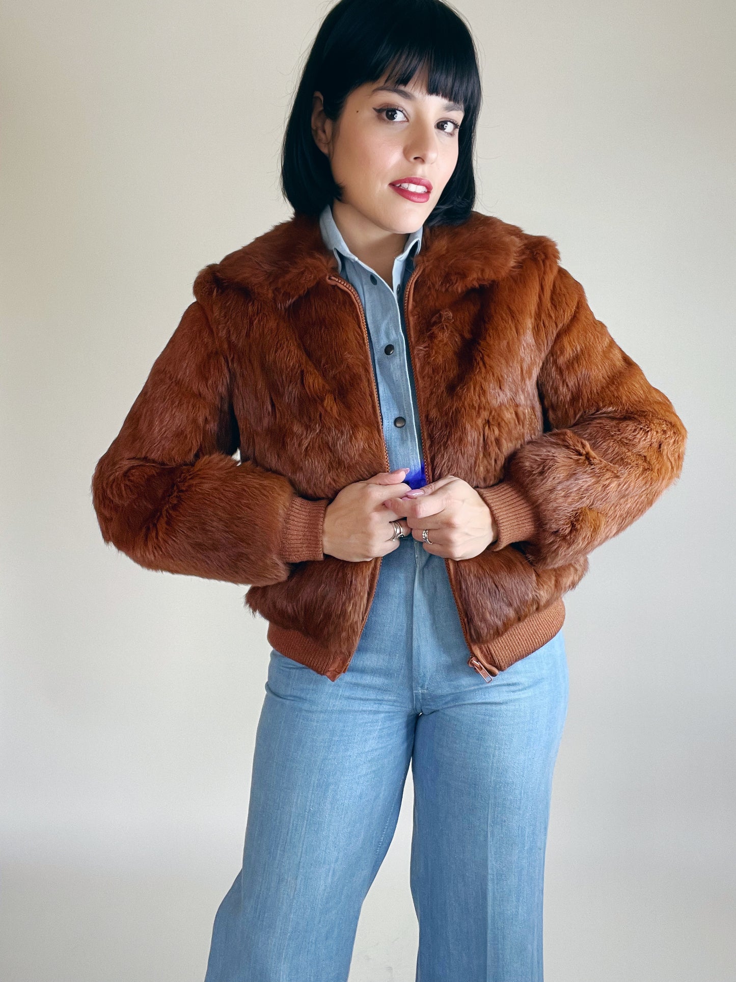 Vintage 70s Cinnamon Brown Furry Fuzzy Animal Hair Bomber Jacket Best Fits Sizes XS-M