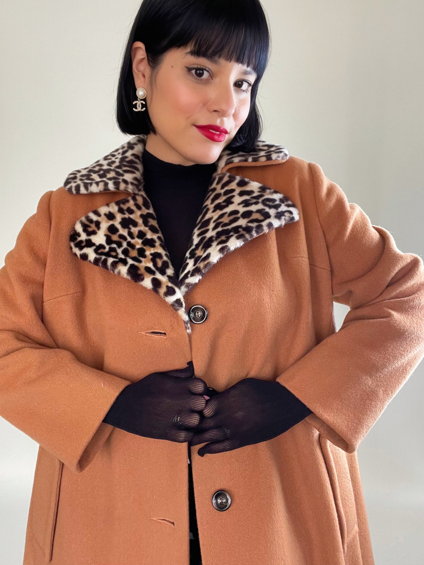 Vintage 60s 70s Brown Coat with Faux Leopard Lapel Detail One Size Fits Most
