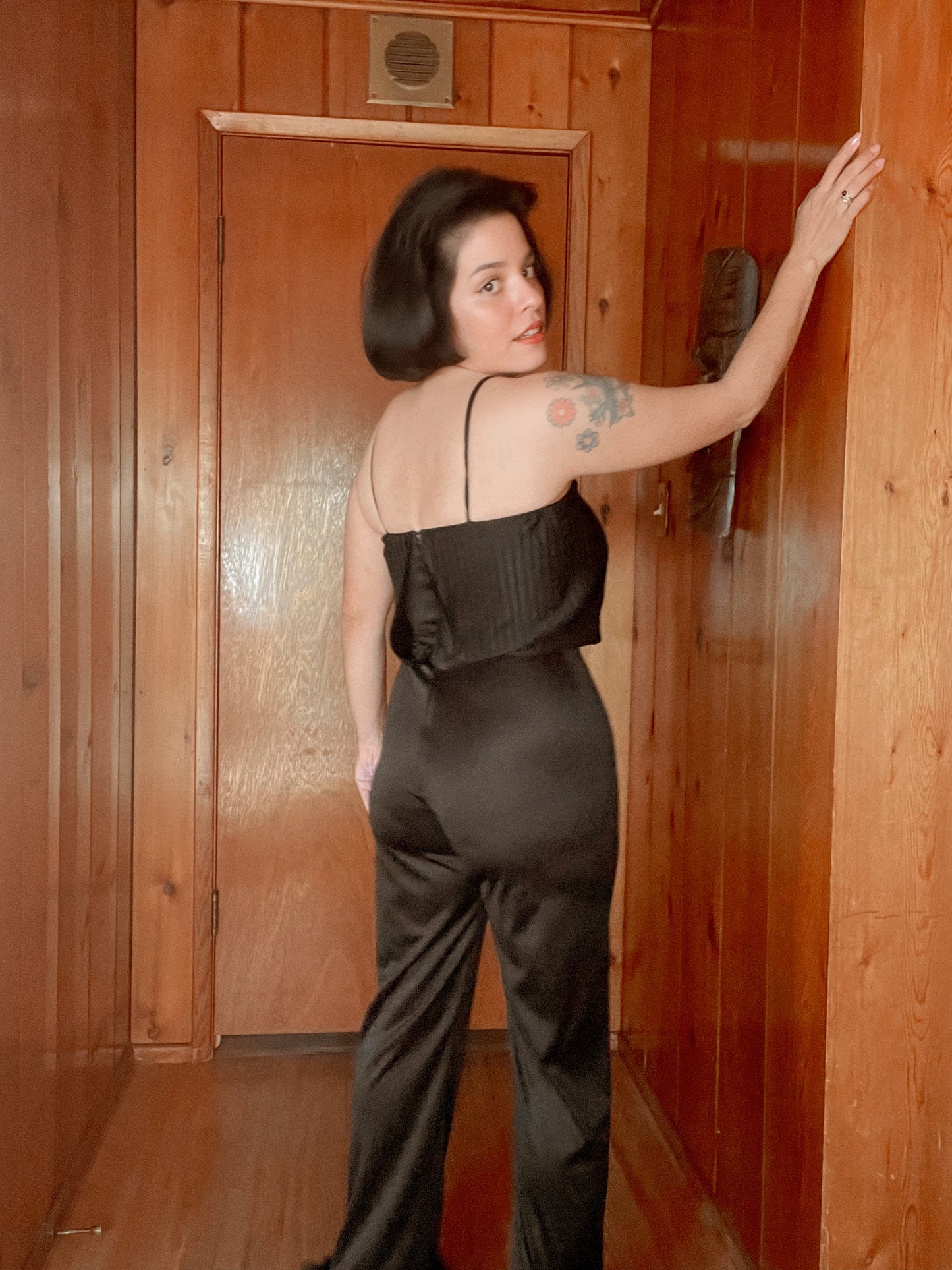60s 70s Black Jumpsuit with Feather Ankle Cuffs Best Fits Size XS-S *BELT NOT INLUDED*