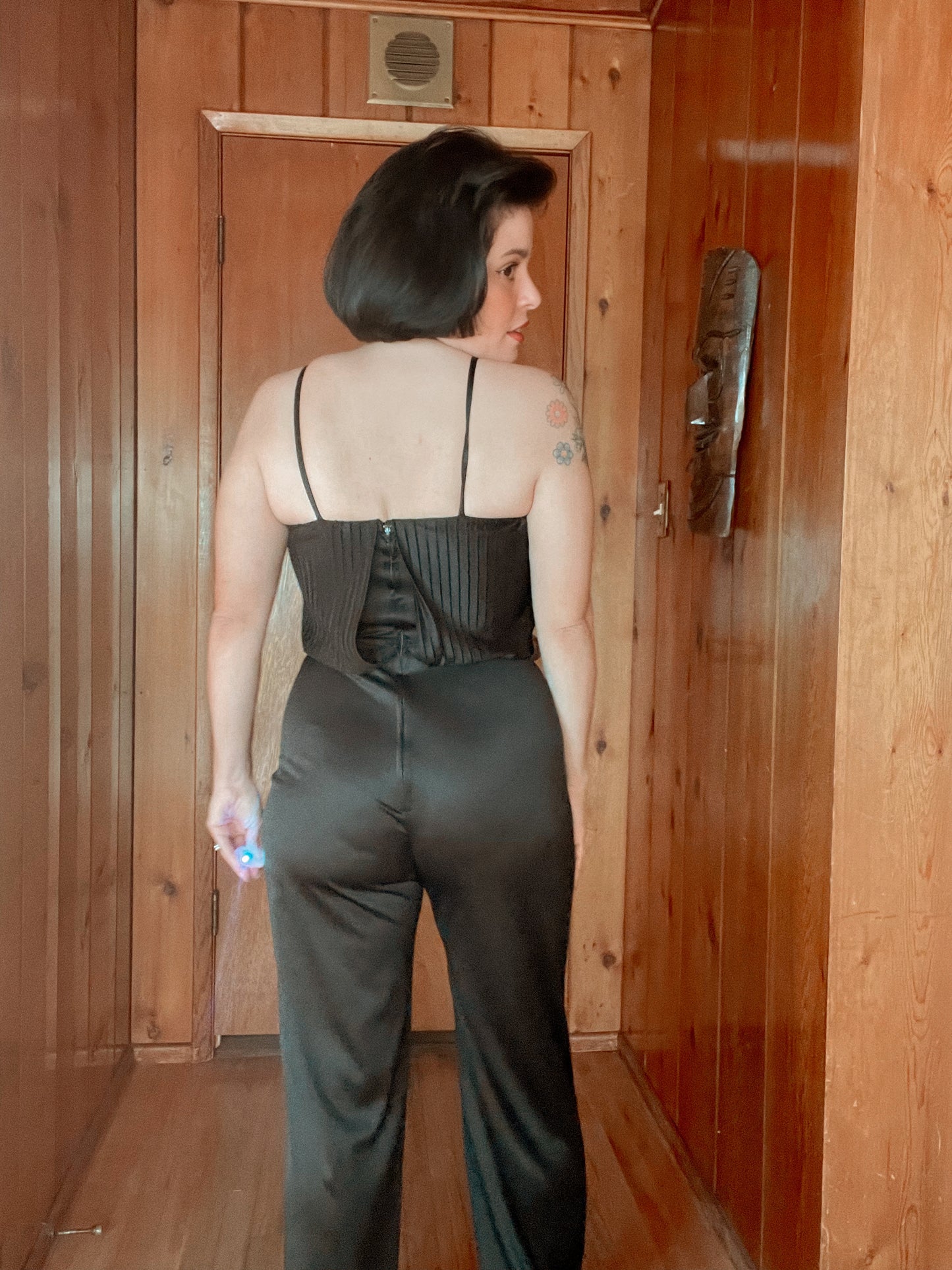 60s 70s Black Jumpsuit with Feather Ankle Cuffs Best Fits Size XS-S *BELT NOT INLUDED*