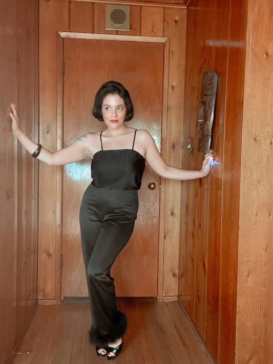 60s 70s Black Jumpsuit with Feather Ankle Cuffs Best Fits Size XS-S *BELT NOT INLUDED*