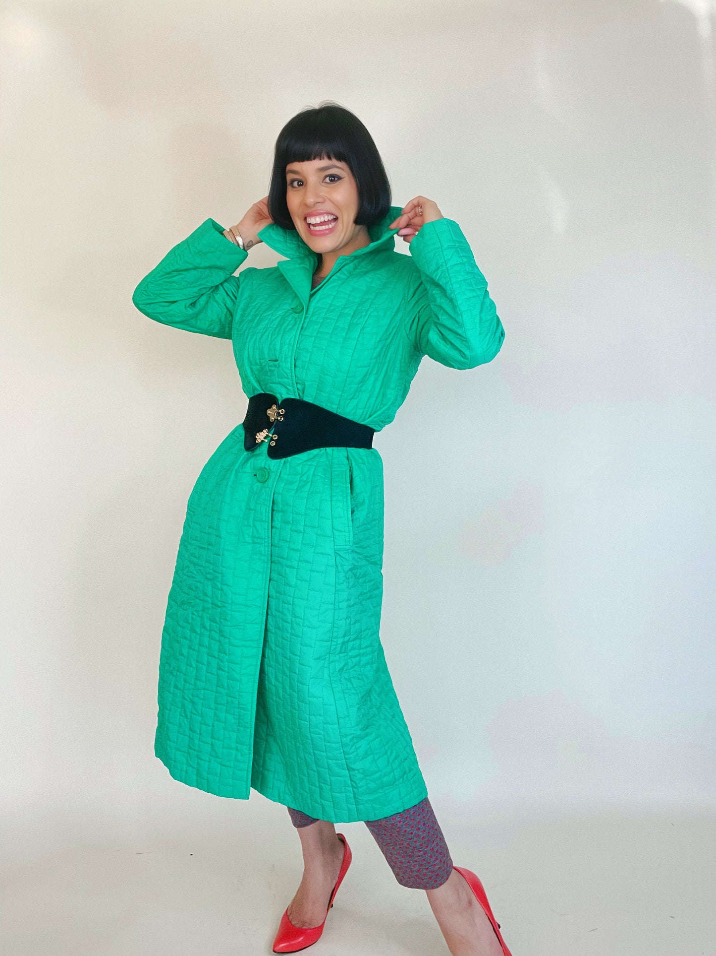 Vintage 60s / 70s Green Quilted Duster Coat Fits Sizes S-L