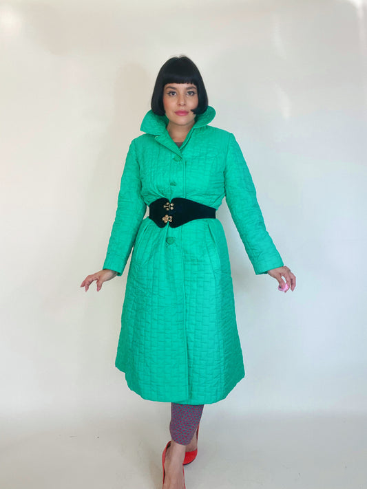 Vintage 60s / 70s Green Quilted Duster Coat Fits Sizes S-L