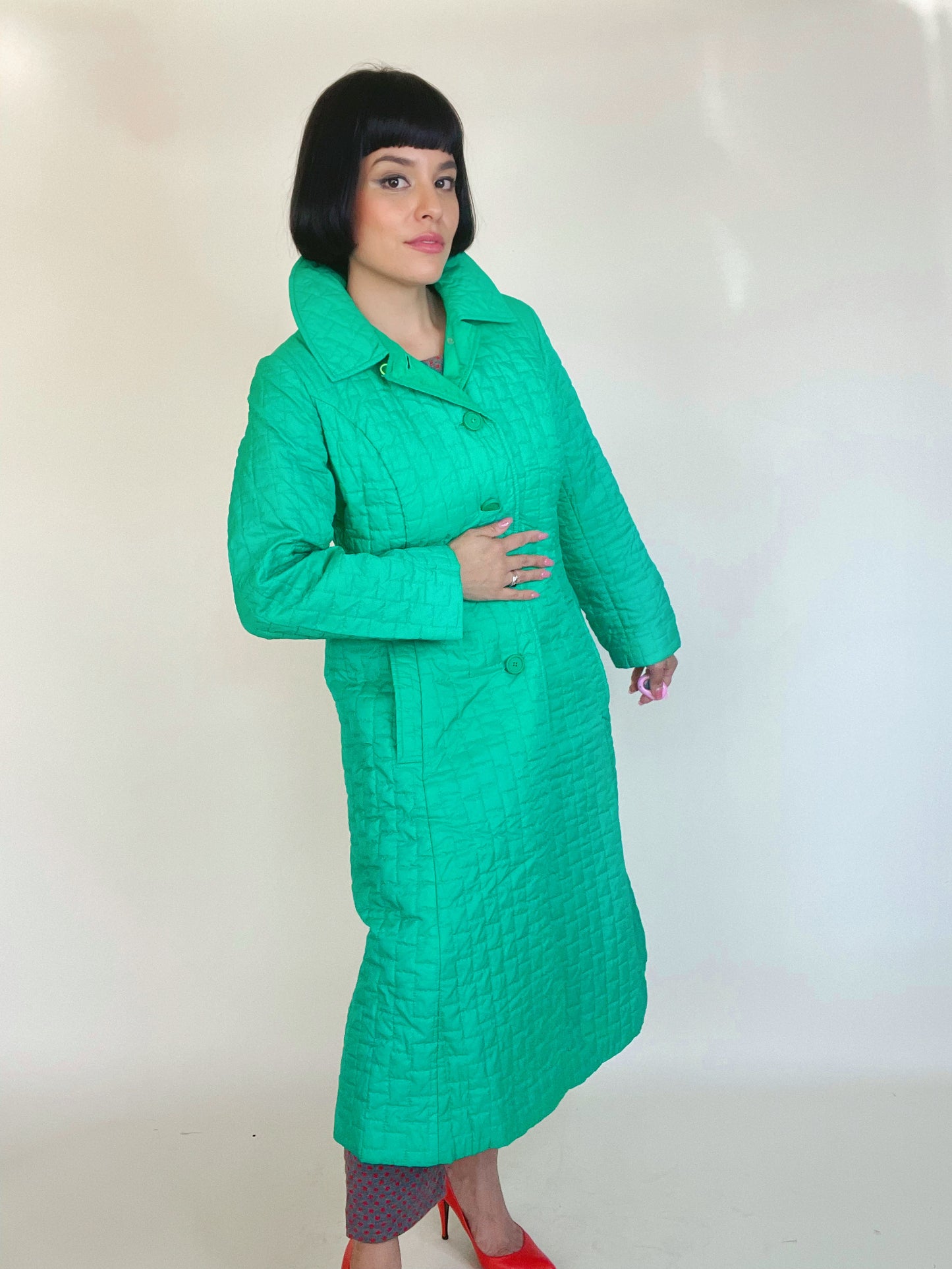 Vintage 60s / 70s Green Quilted Duster Coat Fits Sizes S-L