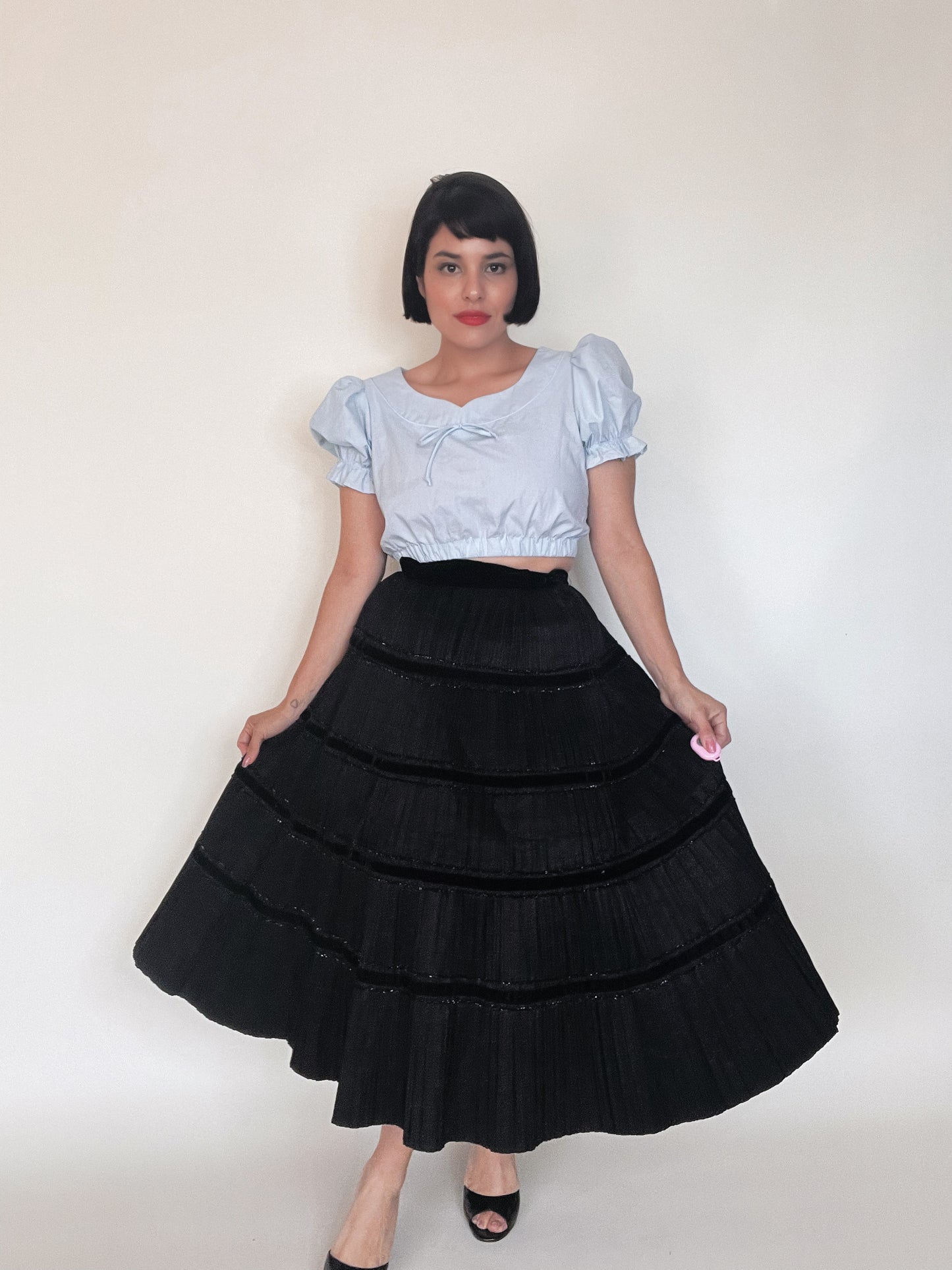 Vintage 50s / 60s Accordion Black A-Line Skirt Fits Sizes XS-SM