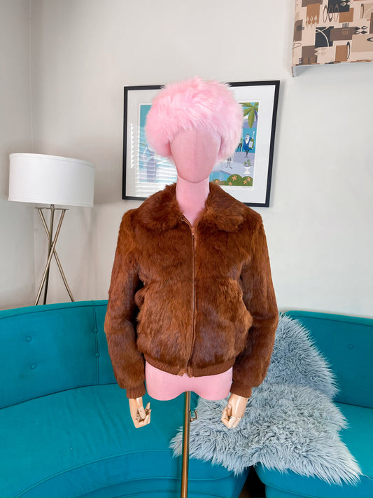 Vintage 70s Cinnamon Brown Furry Fuzzy Animal Hair Bomber Jacket Best Fits Sizes XS-M