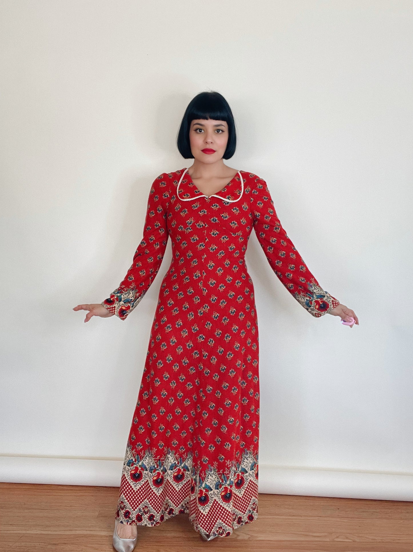 Vintage 60s 70s Red Round Collar Bohemian Long Sleeve Maxi Dress Best Fits Sizes XS-S