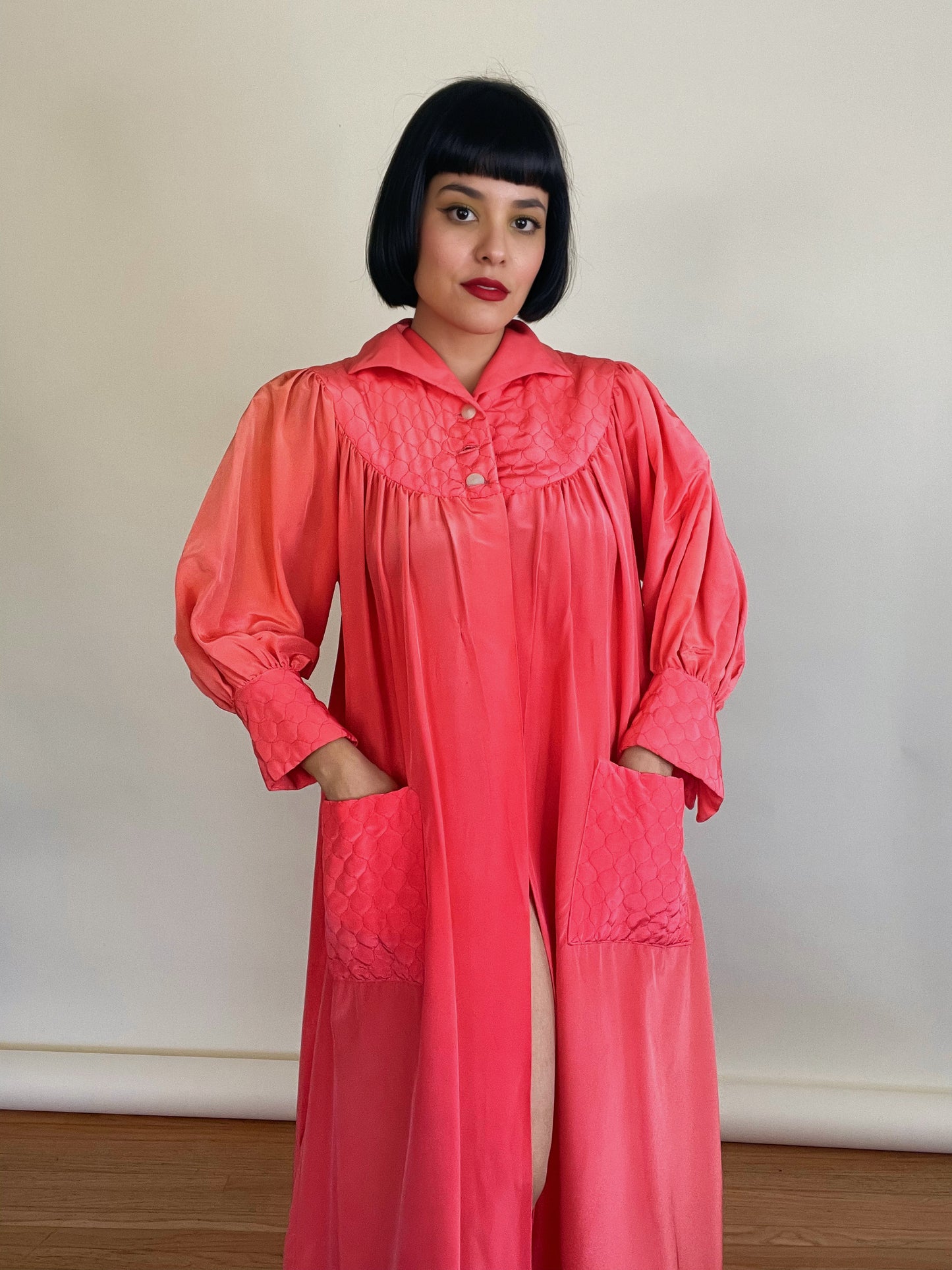 Vintage 40s 50s Salmon Coral Pink Duster Coat w/ Balloon Sleeve Fits Most Sizes