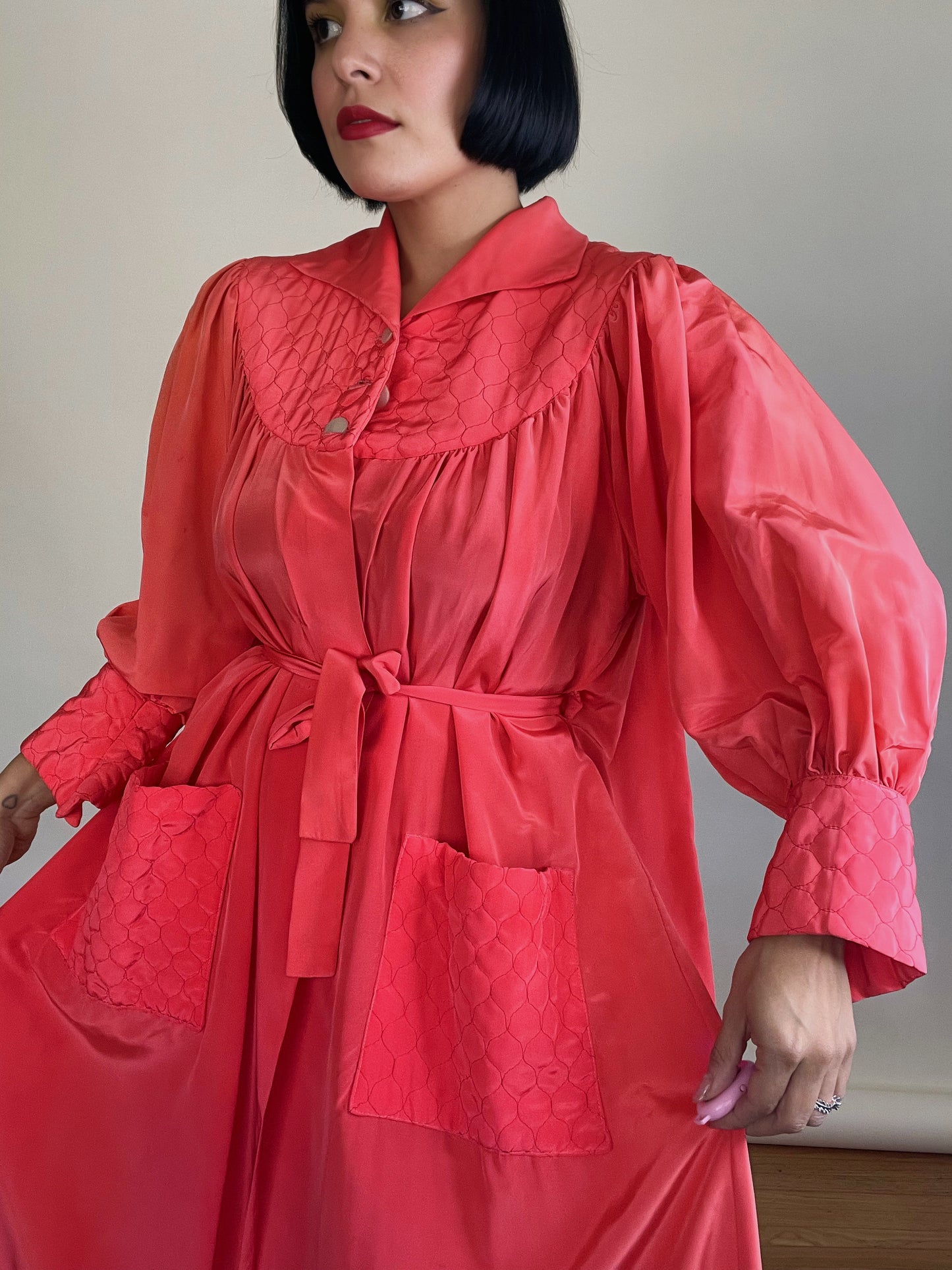 Vintage 40s 50s Salmon Coral Pink Duster Coat w/ Balloon Sleeve Fits Most Sizes