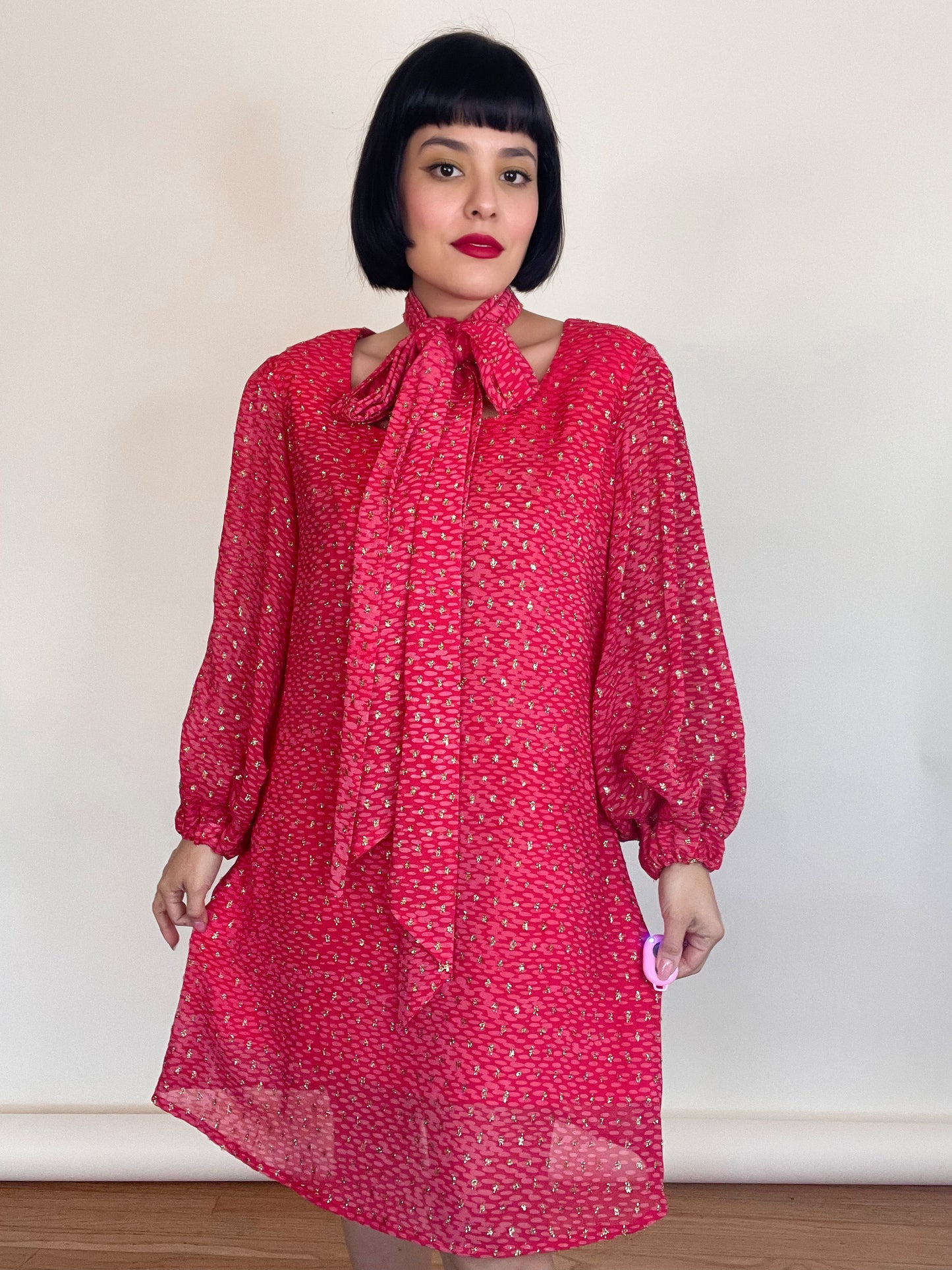 Vintage 60s "Patricia's Santa Ana" Dark Pink/ Red and Gold Long Sleeve Shift Dress Best Fits Sizes S-M