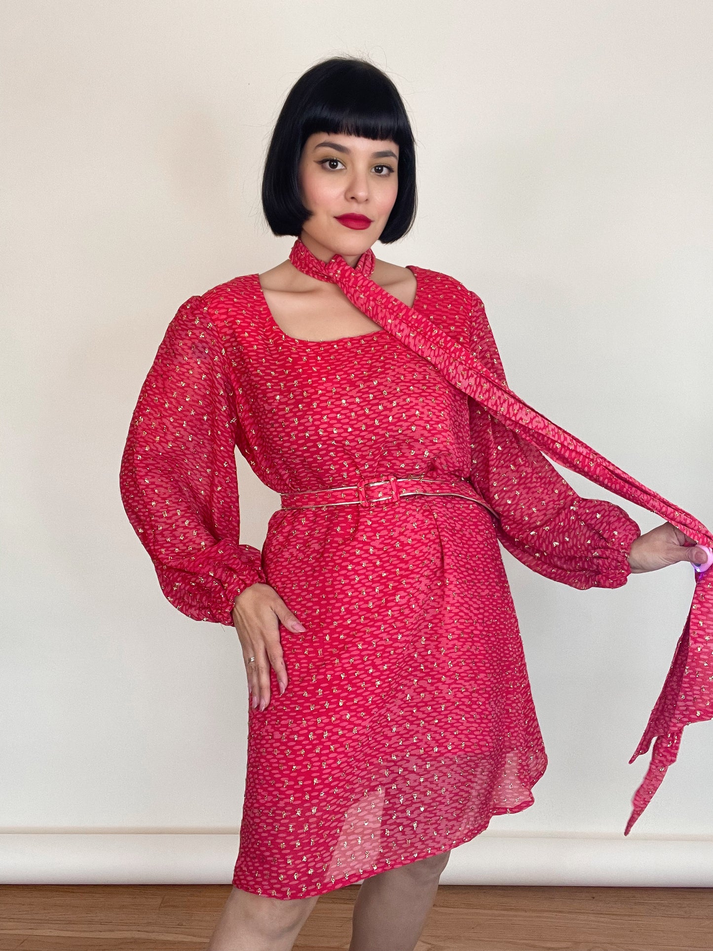 Vintage 60s "Patricia's Santa Ana" Dark Pink/ Red and Gold Long Sleeve Shift Dress Best Fits Sizes S-M