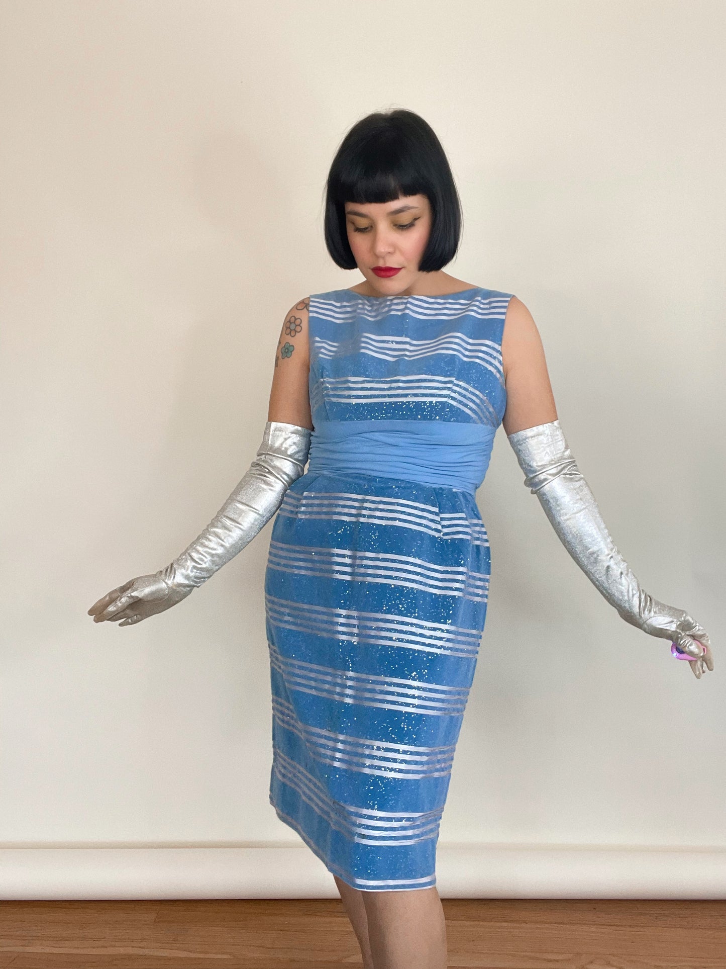 Vintage 50s 60s Velveteen Glitter Striped Wiggle Style Dress Best Fits Sizes XS-S