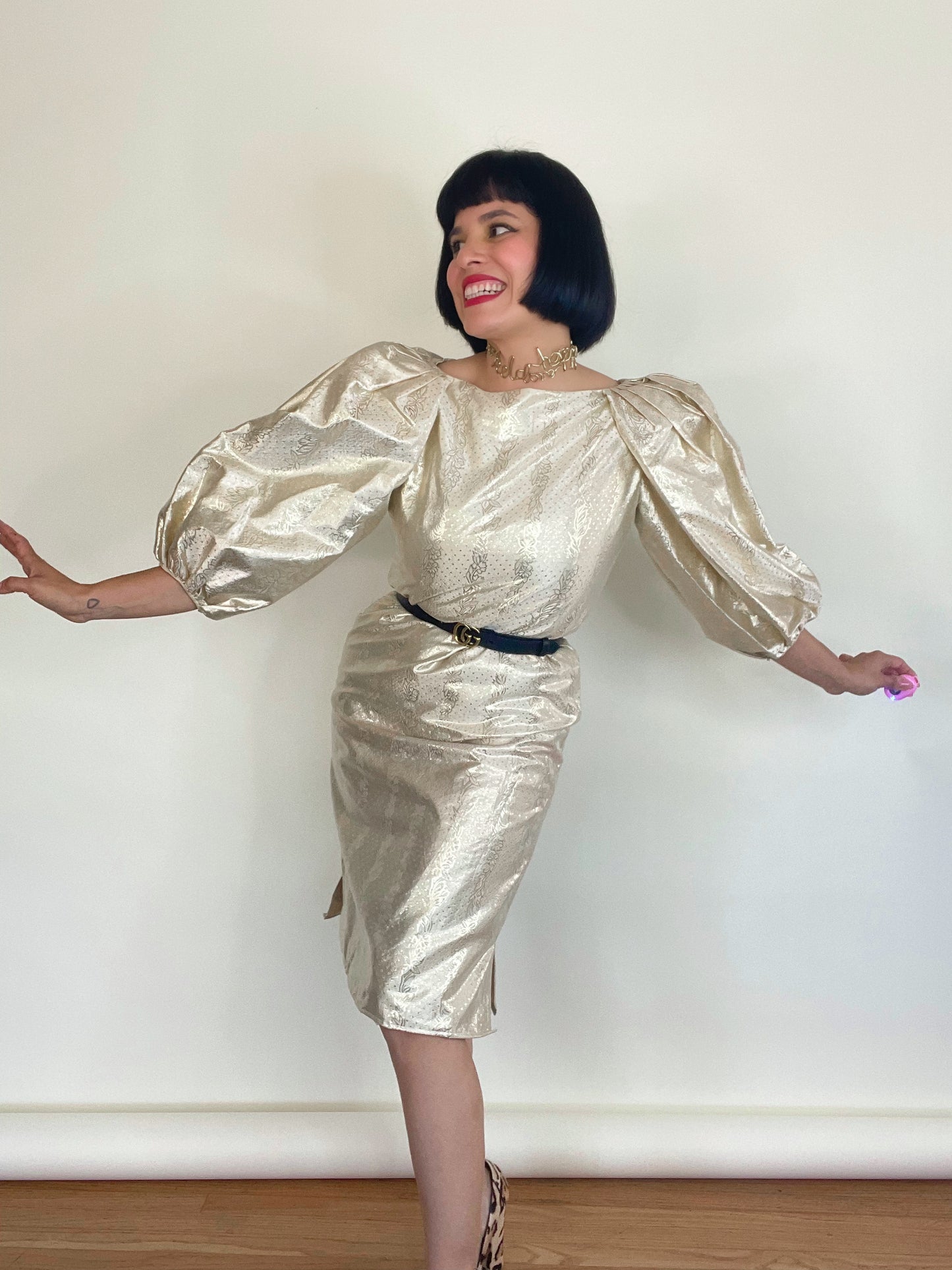 Vintage 70s 80s "Richilene New York" Gold Metallic Polka Dot and Botanical Print Dress Best Fits Sizes XS-M