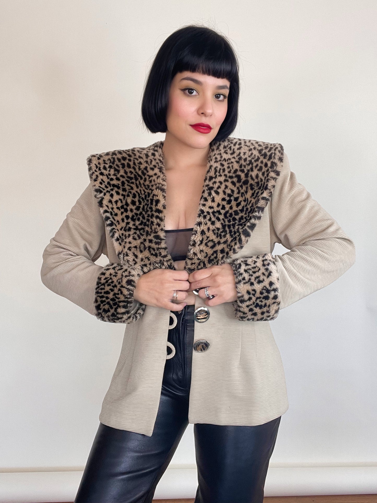 Vintage 80s Leopard Stretchy Blazer Jacket w/ Vegan Faux Animal Print Best Fits Sizes M-L