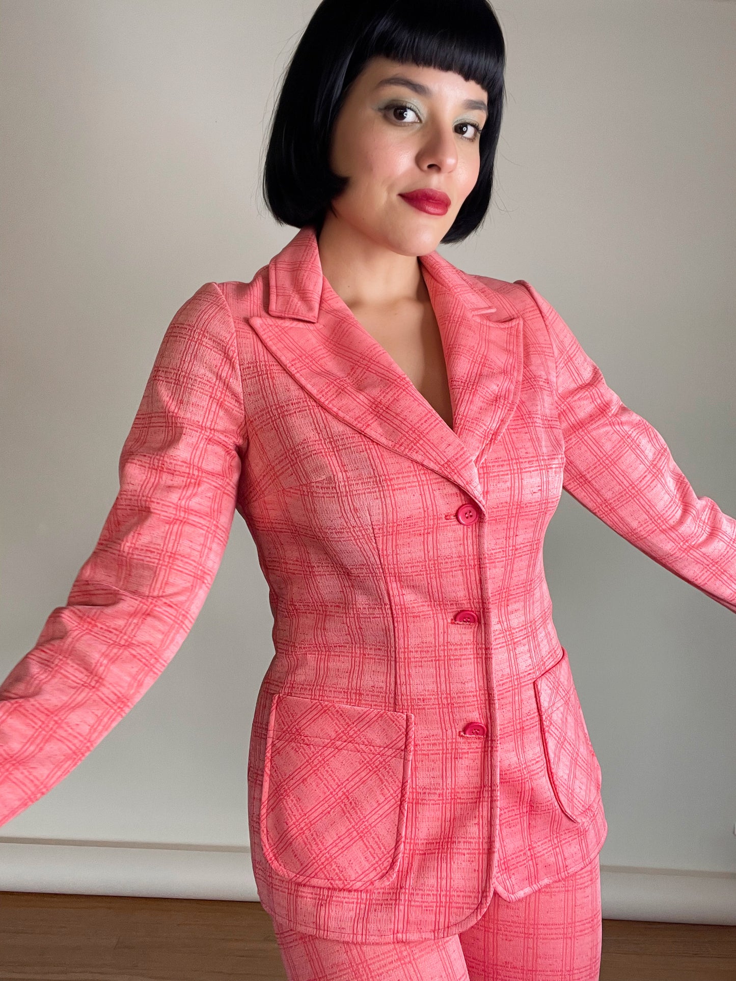 Vintage 60s / 70s Salmon Pink Plaid Blazer Pant Suit Set Best Fits XXS-SM