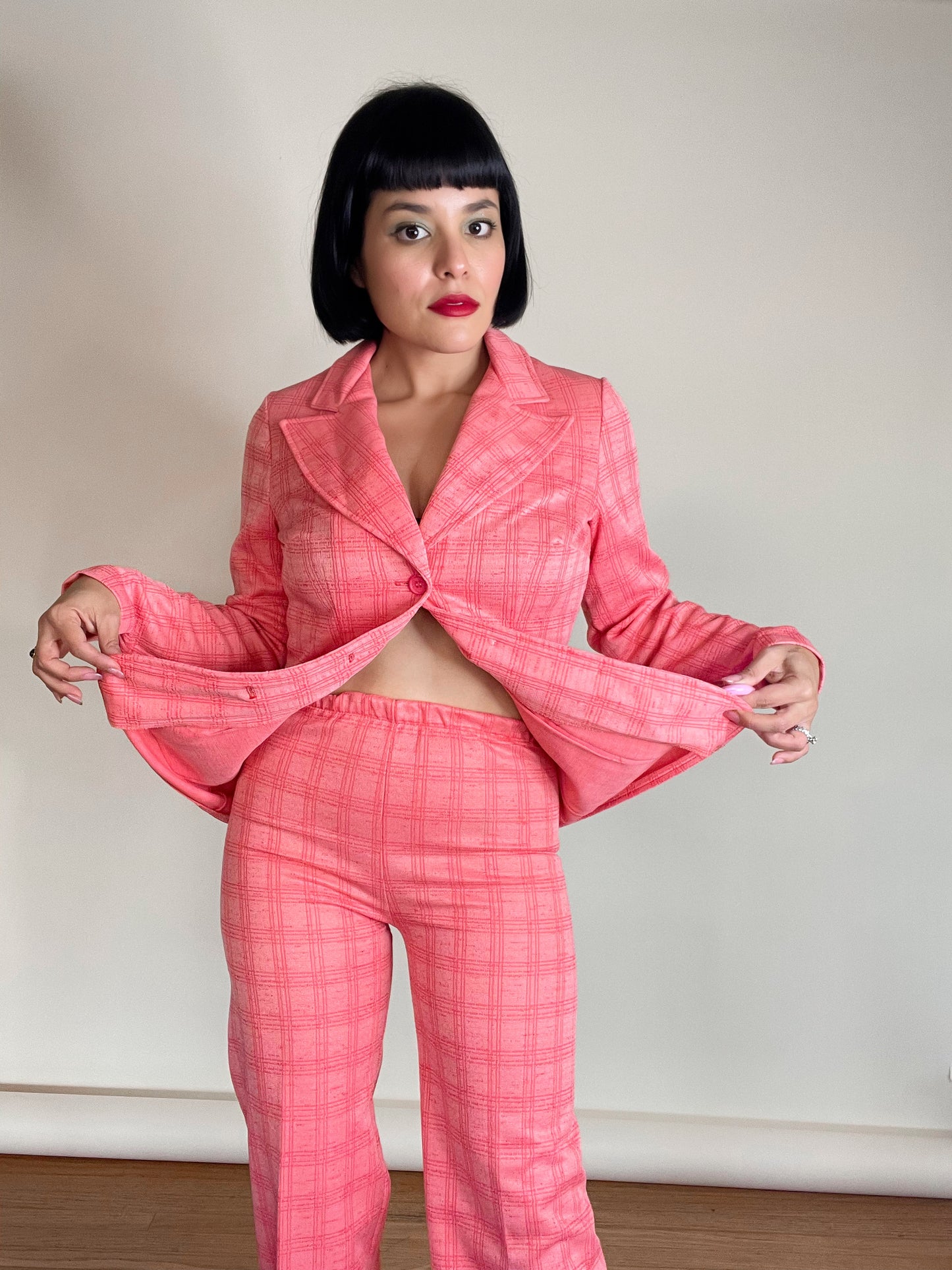 Vintage 60s / 70s Salmon Pink Plaid Blazer Pant Suit Set Best Fits XXS-SM
