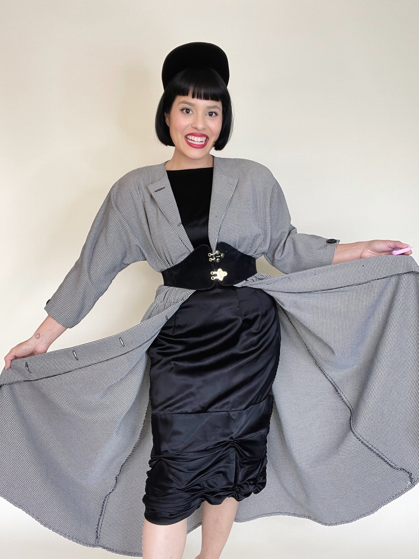 Vintage 50s 60s Black Silk Satin Audrey Hepburn Ruched Hemline Back Bow Wiggle Dress Best Fits Sizes XS-SM
