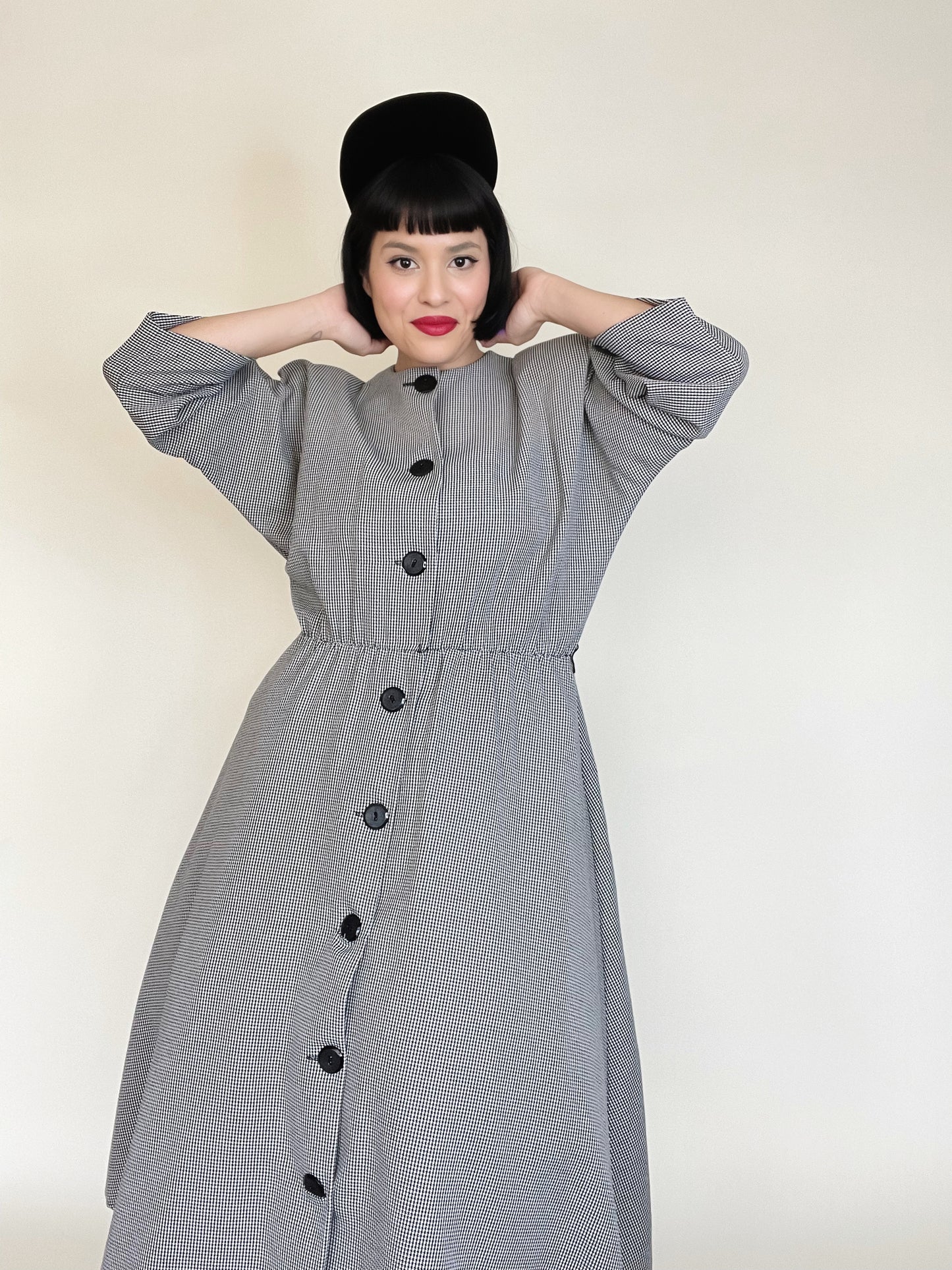 Vintage 80s meets 50s Button Down Dress Coat Houndstooth Print Best Fits M-Possible XL