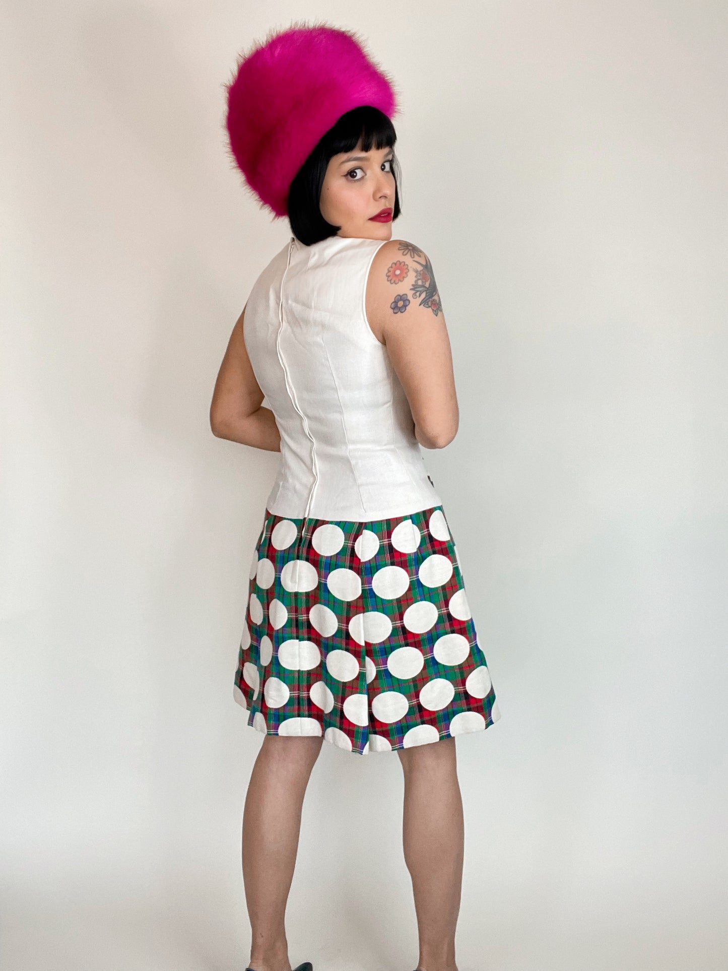 Vintage 60s Mod Plaid Polka Dot Dress Blazer Set Fits Sizes XS-SM