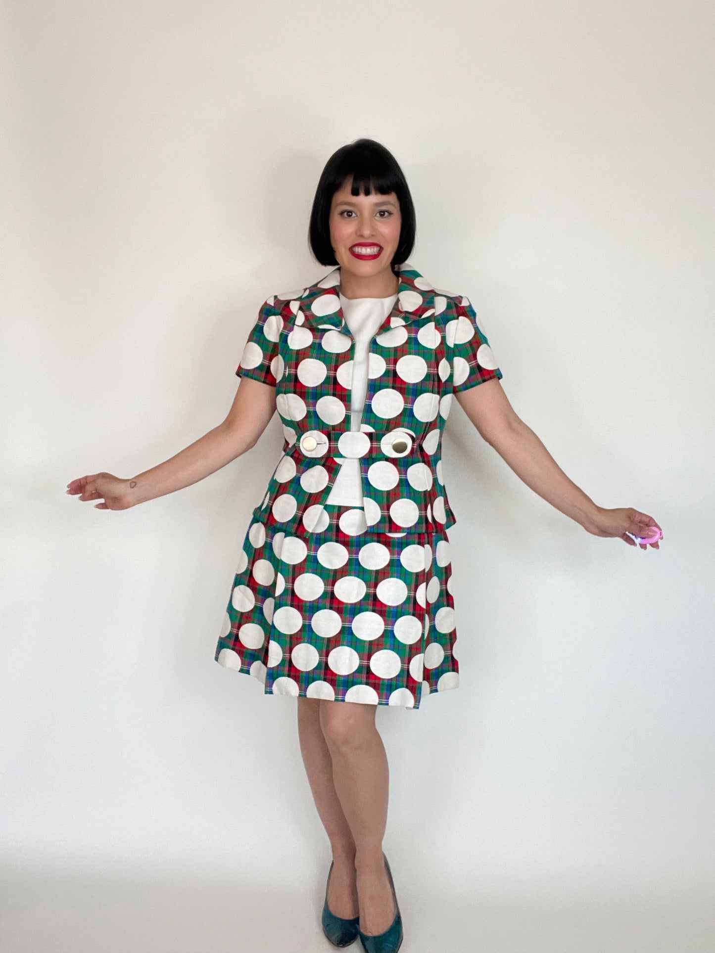 Vintage 60s Mod Plaid Polka Dot Dress Blazer Set Fits Sizes XS-SM
