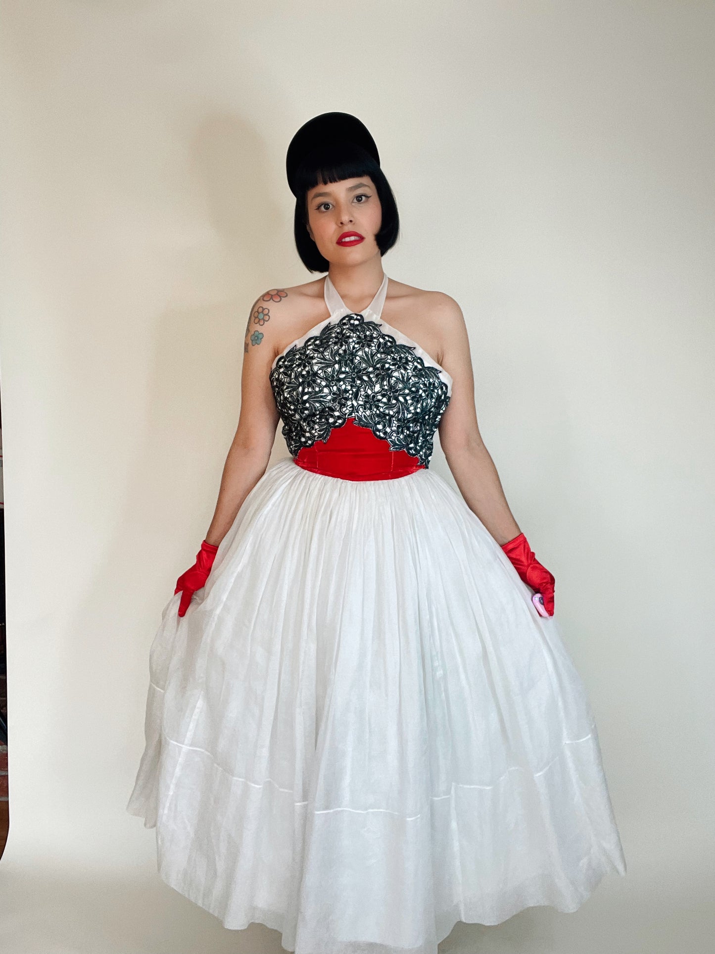 Vintage 50s "Neiman-Marcus" Cotton Black Lace Rich Red Velvet Halter Formal Dress Best Fits Sizes XS-S