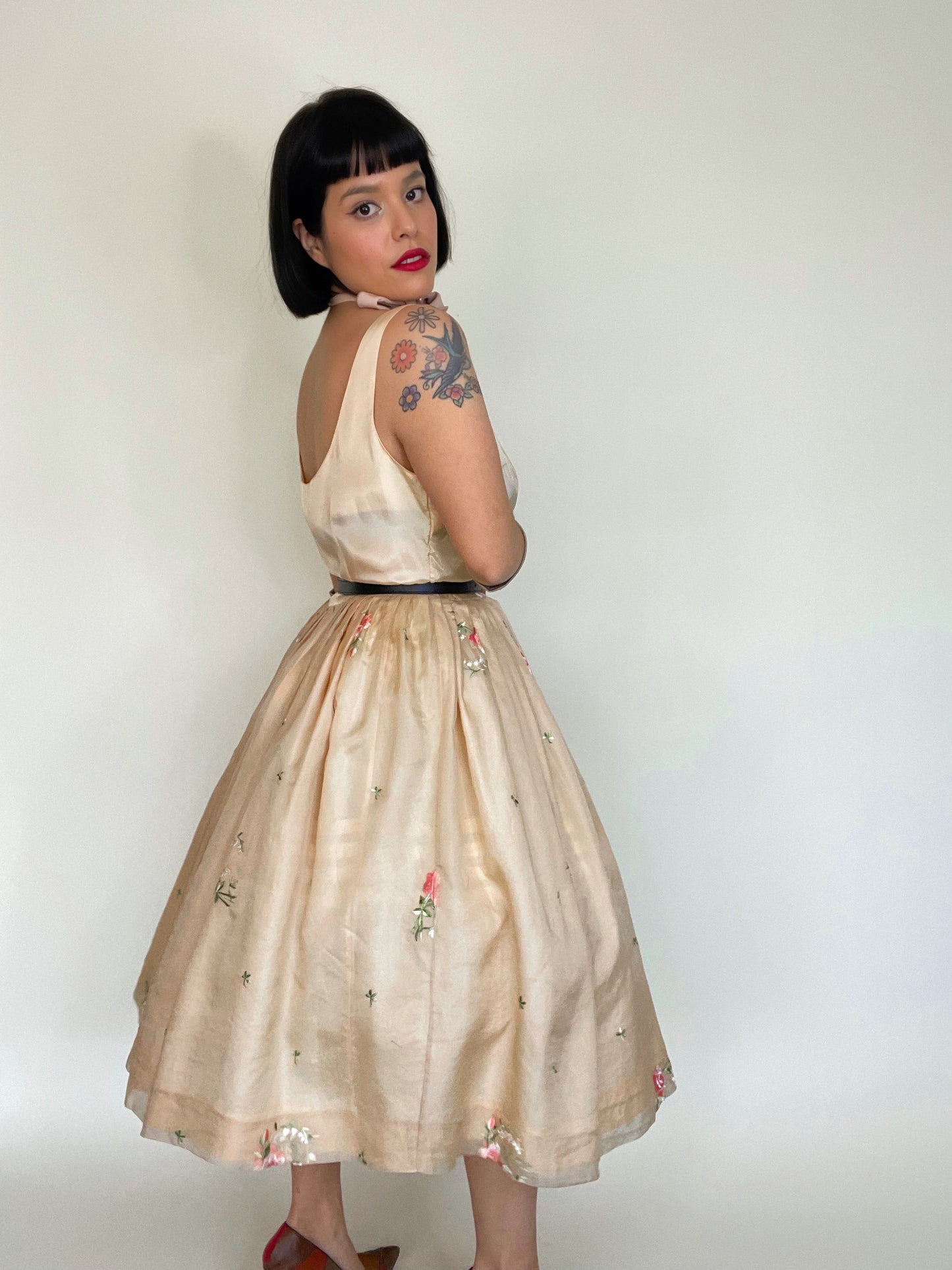 Vintage 50s Organza Sleeveless Dress with Embroidered Roses Best Fits Size M