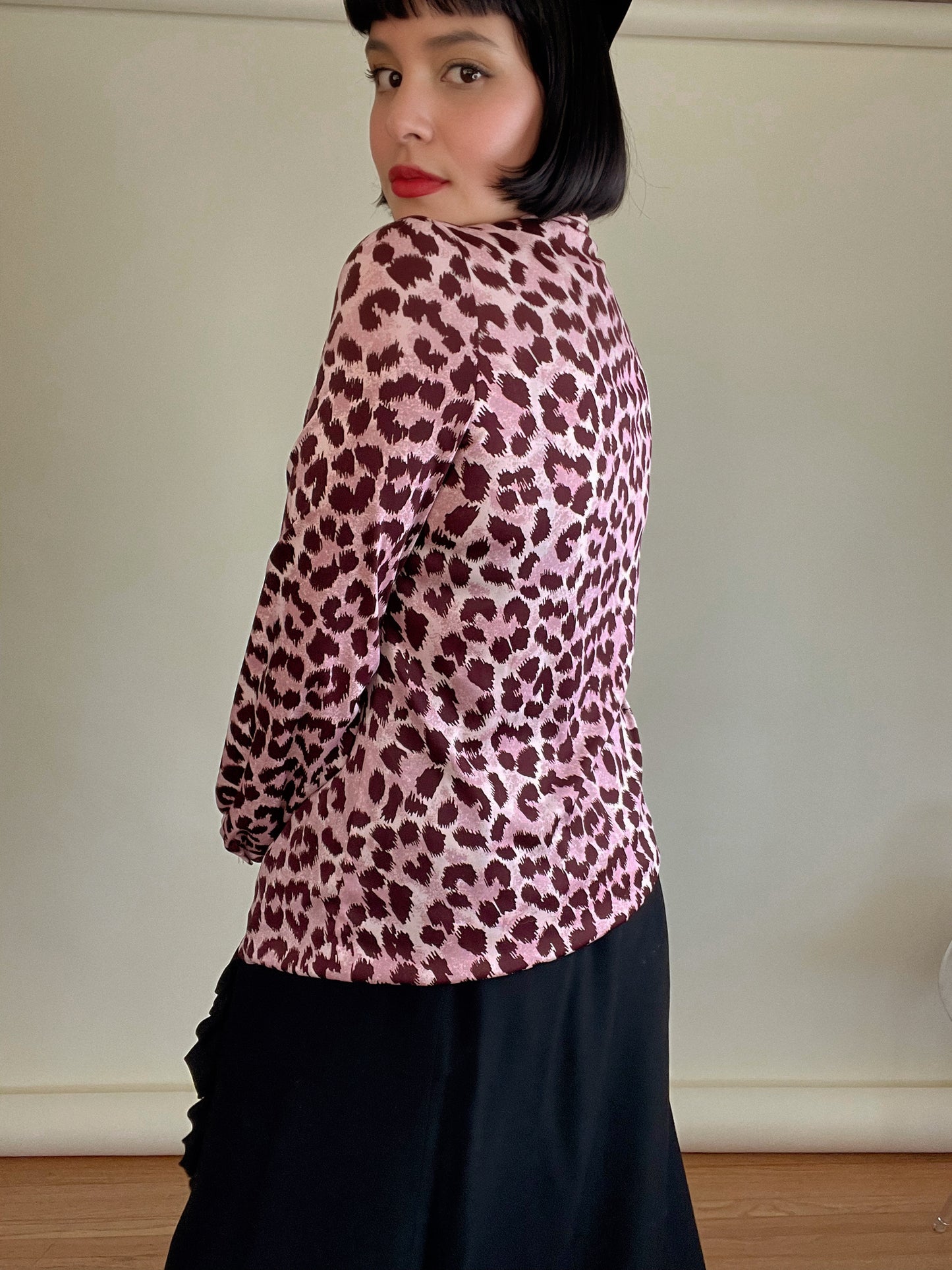 Vintage 60s "Trissi" Button Down Pink Leopard Print Blouse w/ Attached Neck Tie Best Fits Sizes XS-M