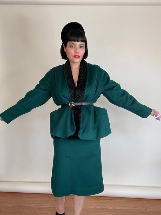 Vintage 50s / 60s "Townley" Forest Green Swing Coat Matching High Waisted Skirt Set Best Fits Sizes S-M