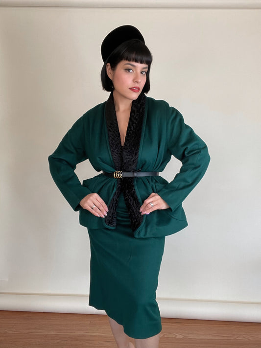 Vintage 50s / 60s "Townley" Forest Green Swing Coat Matching High Waisted Skirt Set Best Fits Sizes S-M