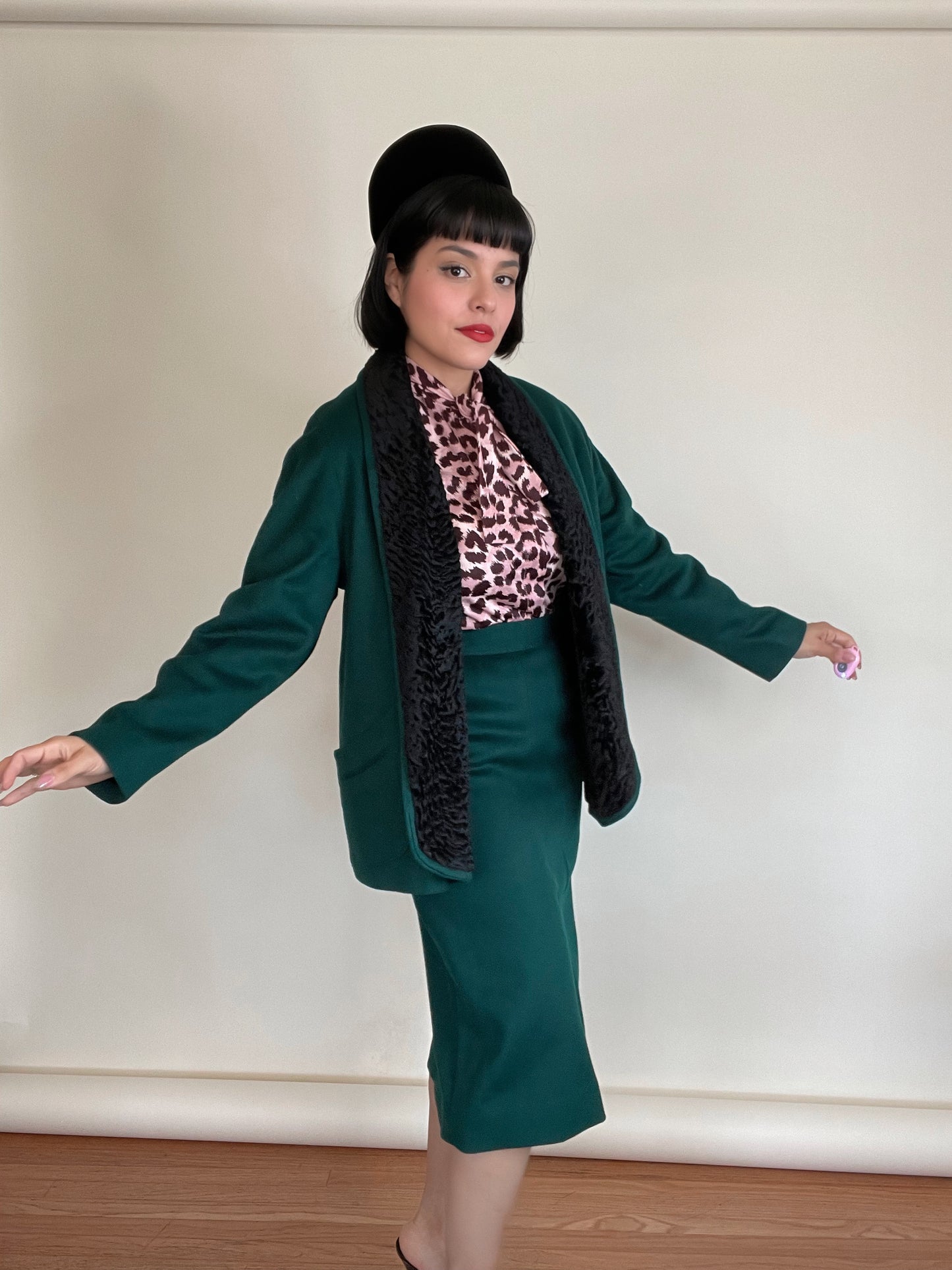 Vintage 50s / 60s "Townley" Forest Green Swing Coat Matching High Waisted Skirt Set Best Fits Sizes S-M