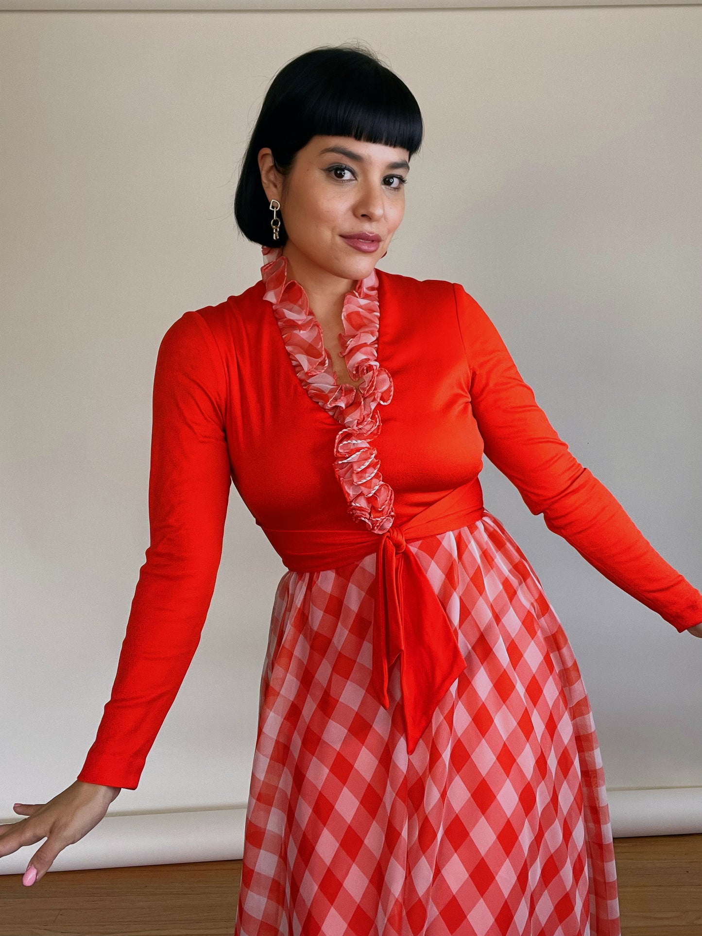 Vintage 60s 70s “Miss Elliette California” Scarlett Red Orange Long Sleeve Maxi Dress Best Fits Sizes XS-S