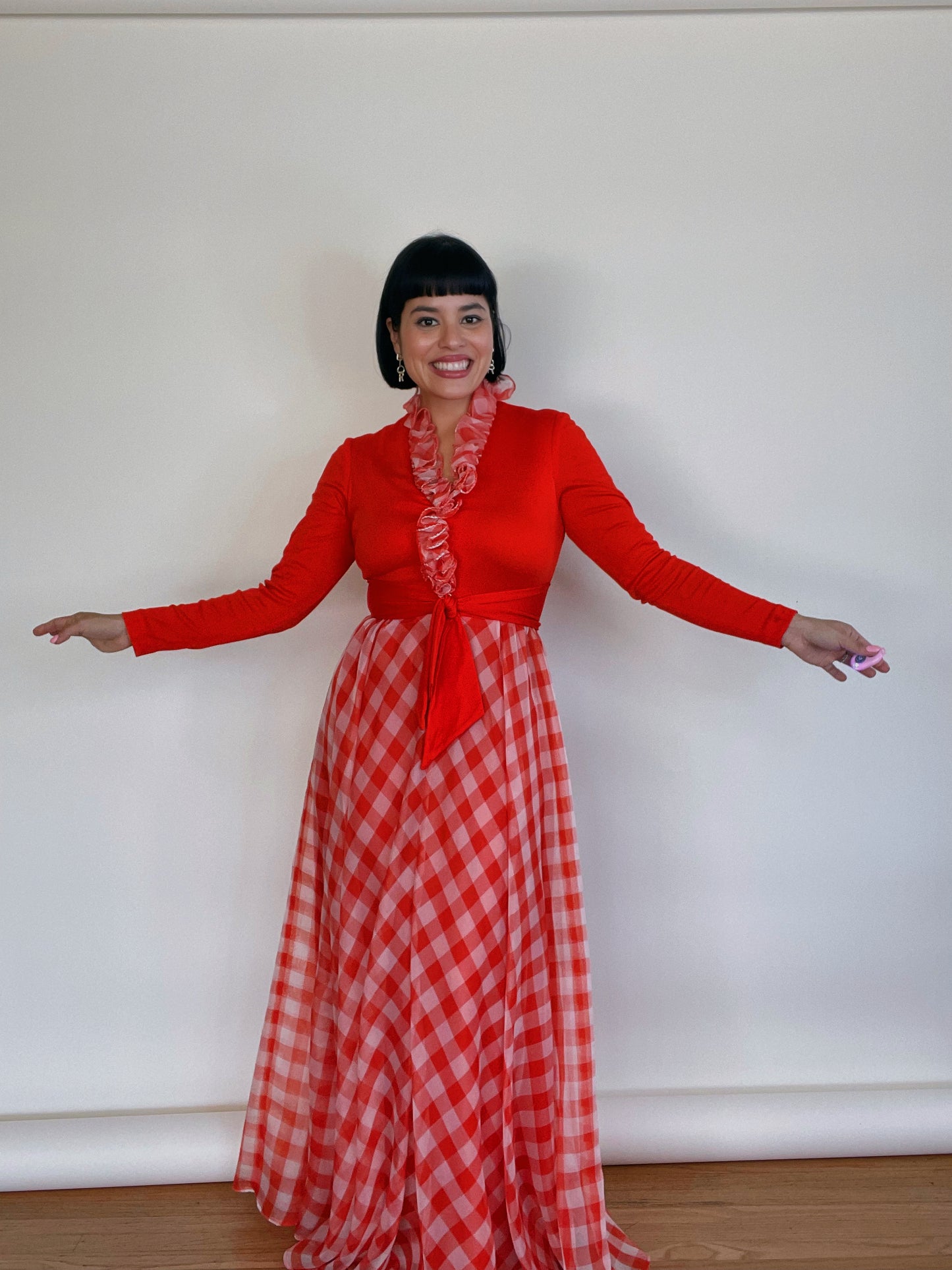 Vintage 60s 70s “Miss Elliette California” Scarlett Red Orange Long Sleeve Maxi Dress Best Fits Sizes XS-S