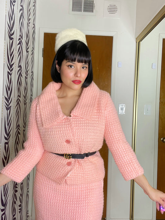 Vintage 60s Jackie-O Inspired Pink Knit Jacket and Skirt Set Best Fist Sizes XXS-S