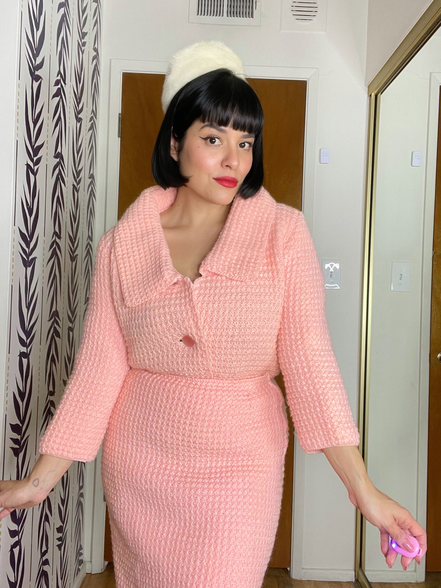 Vintage 60s Jackie-O Inspired Pink Knit Jacket and Skirt Set Best Fist Sizes XXS-S